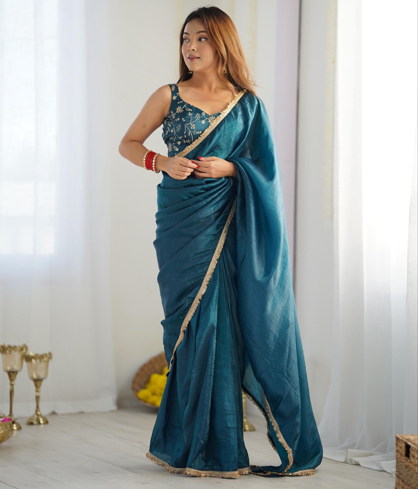 Tealblue Gold Crush Tissu With Zari Work Ready To Wear Saree