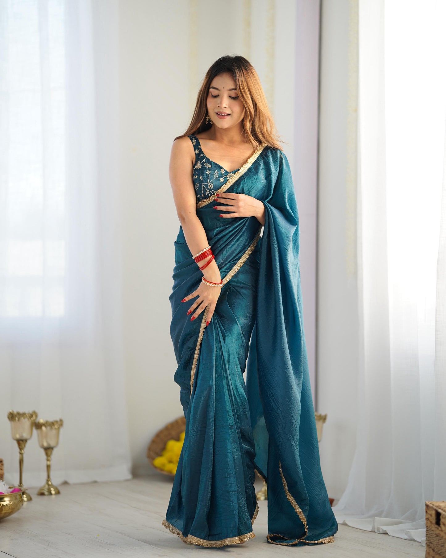 Tealblue Gold Crush Tissu With Zari Work Ready To Wear Saree
