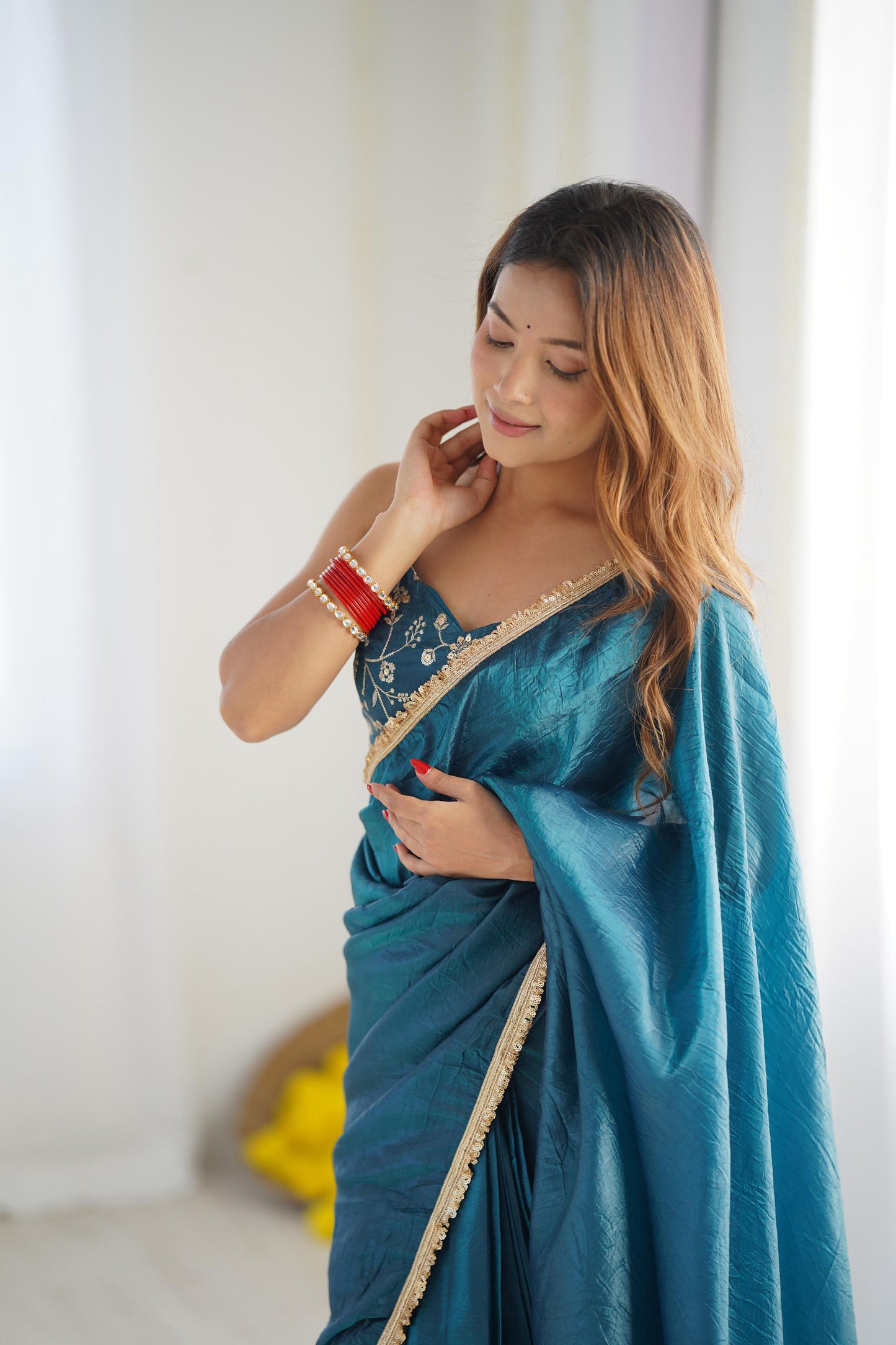 Tealblue Gold Crush Tissu With Zari Work Ready To Wear Saree