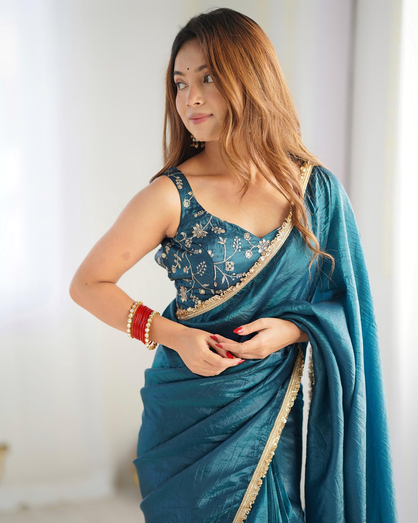Tealblue Gold Crush Tissu With Zari Work Ready To Wear Saree