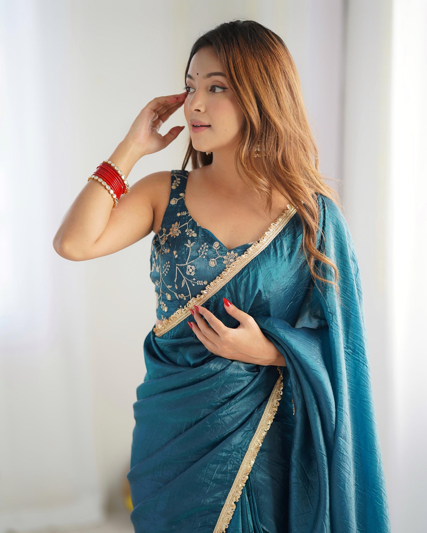 Tealblue Gold Crush Tissu With Zari Work Ready To Wear Saree