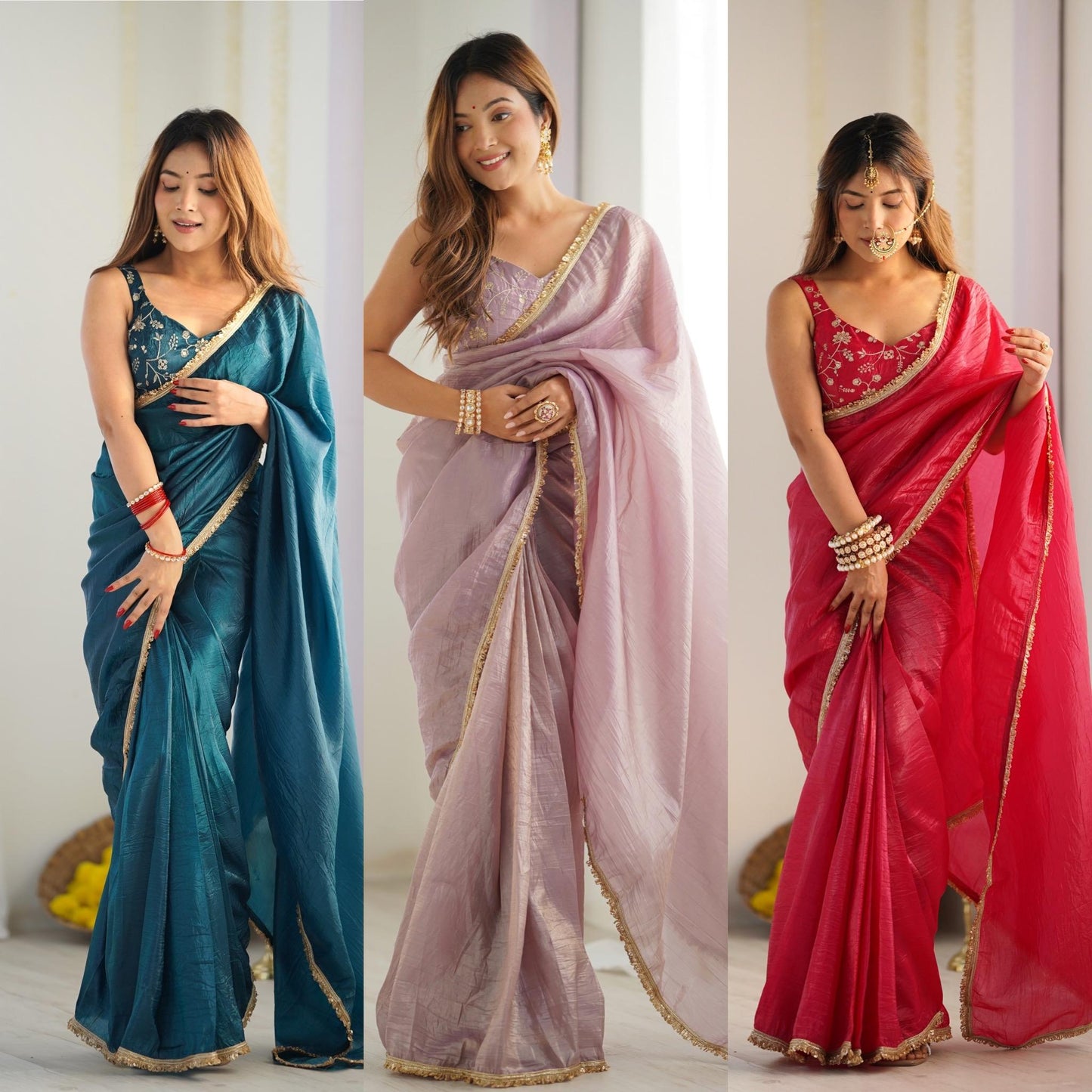 Tealblue Gold Crush Tissu With Zari Work Ready To Wear Saree