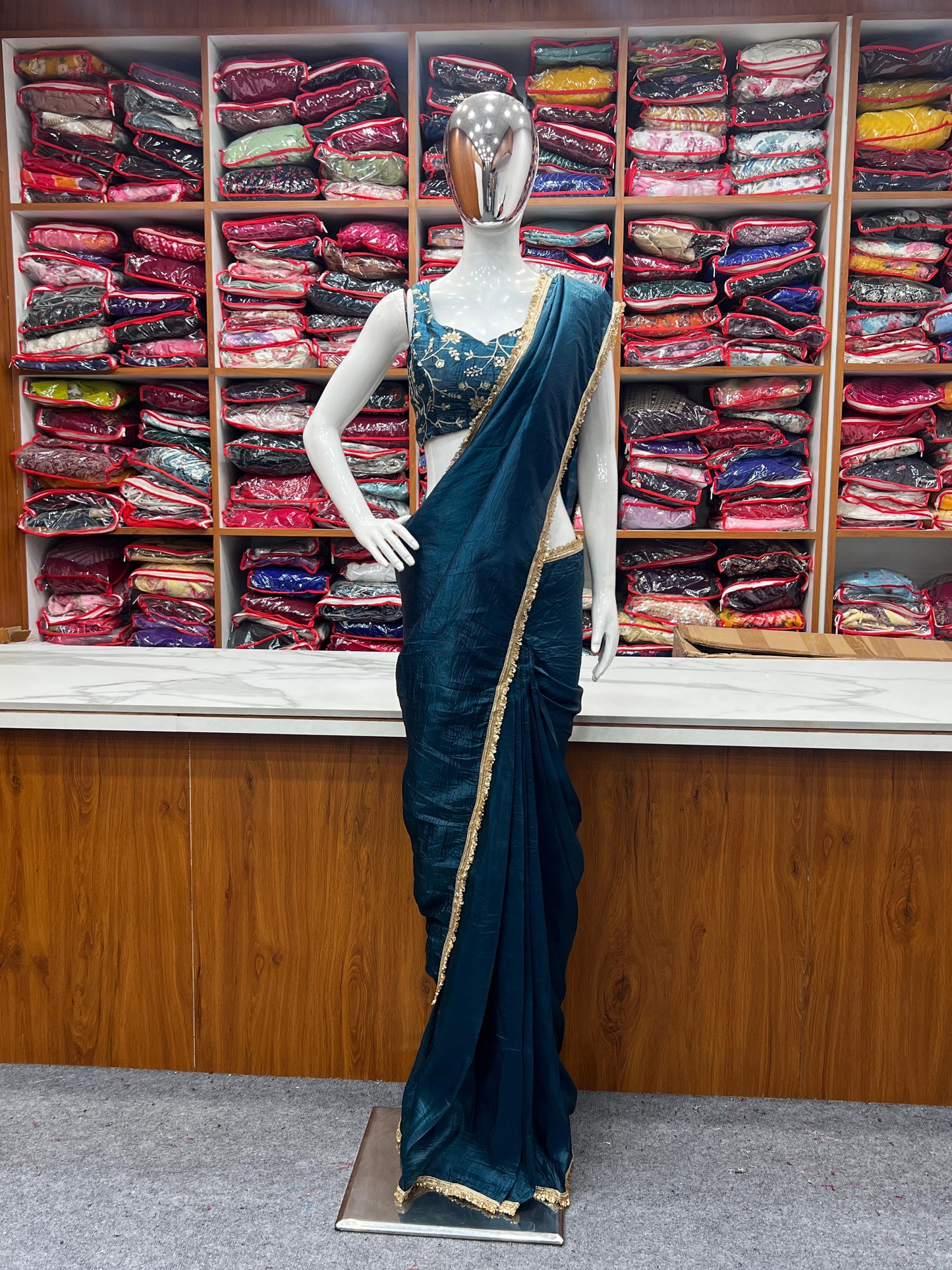 Tealblue Gold Crush Tissu With Zari Work Ready To Wear Saree