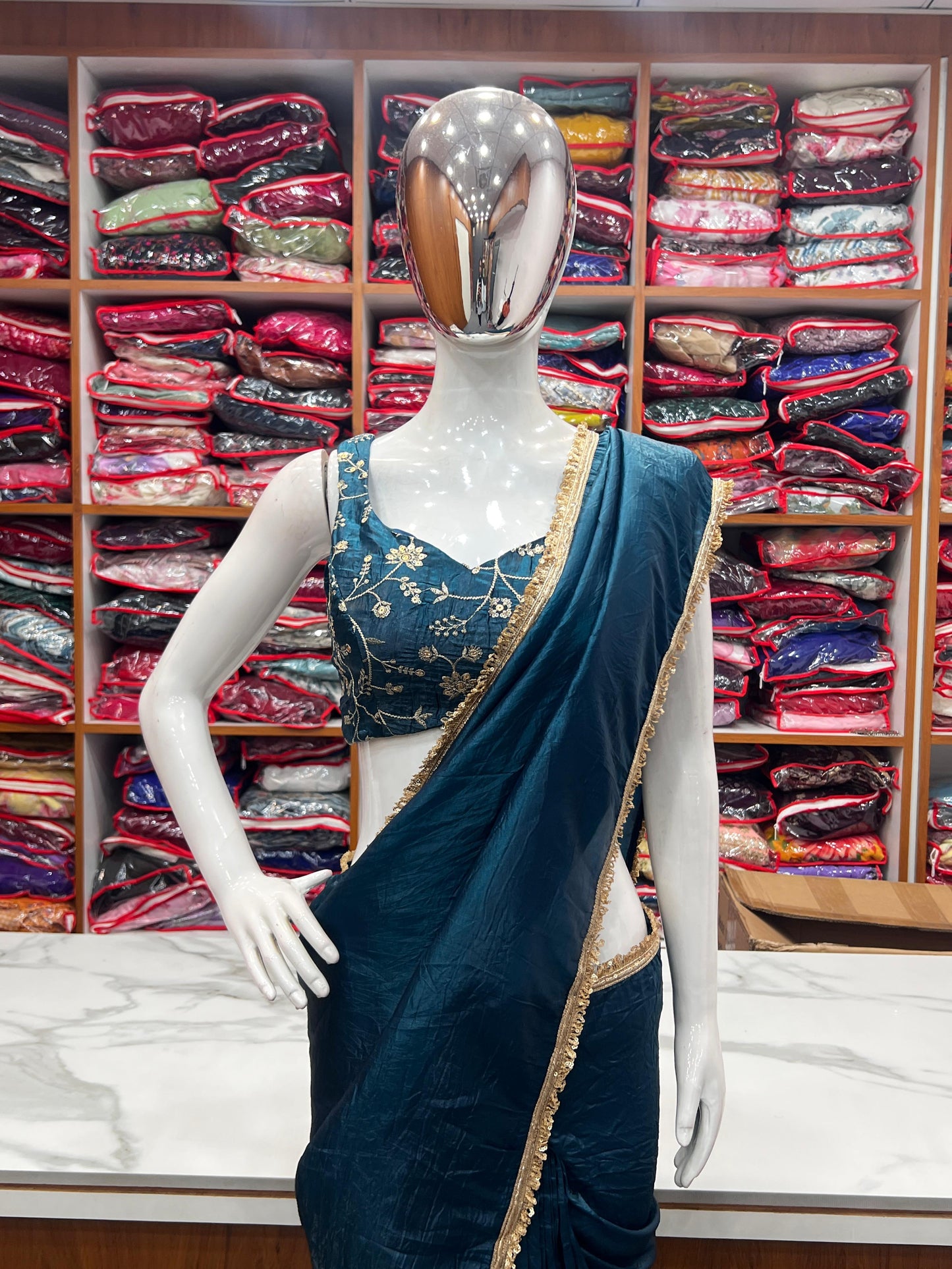 Tealblue Gold Crush Tissu With Zari Work Ready To Wear Saree