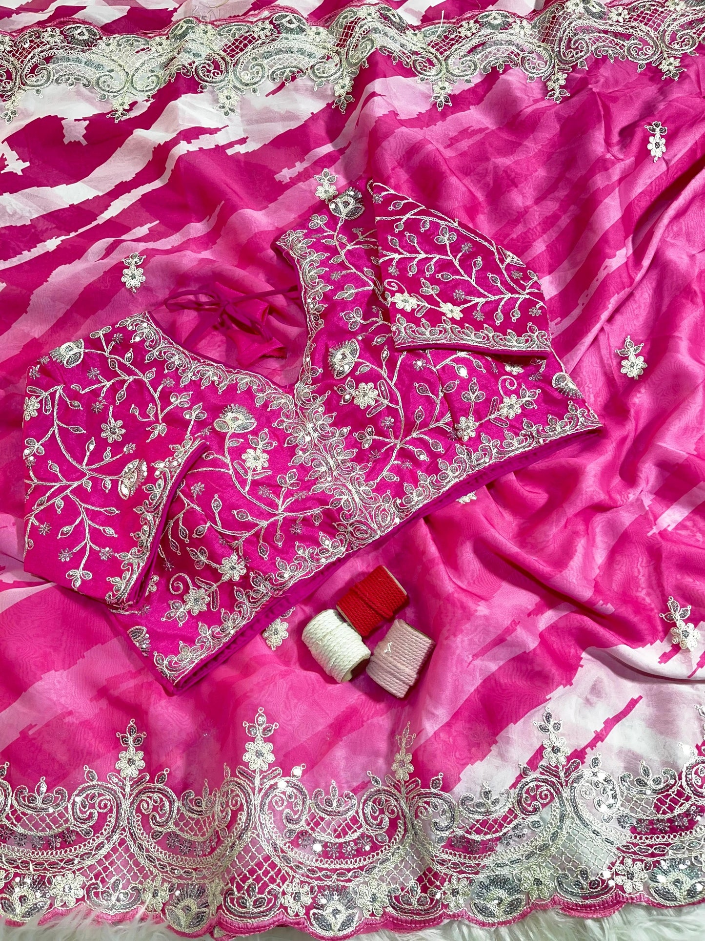 Rani -Pink Soft Rangoli Silk With Lehariya Digital Prints Saree