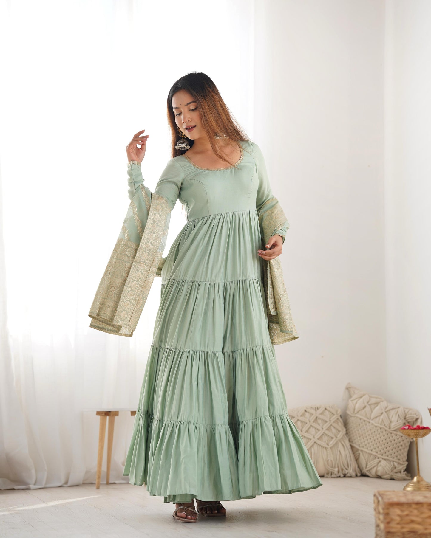 Pista Heavy Romansilk Chanderi With Yoke Lace 3pc Kurta Set