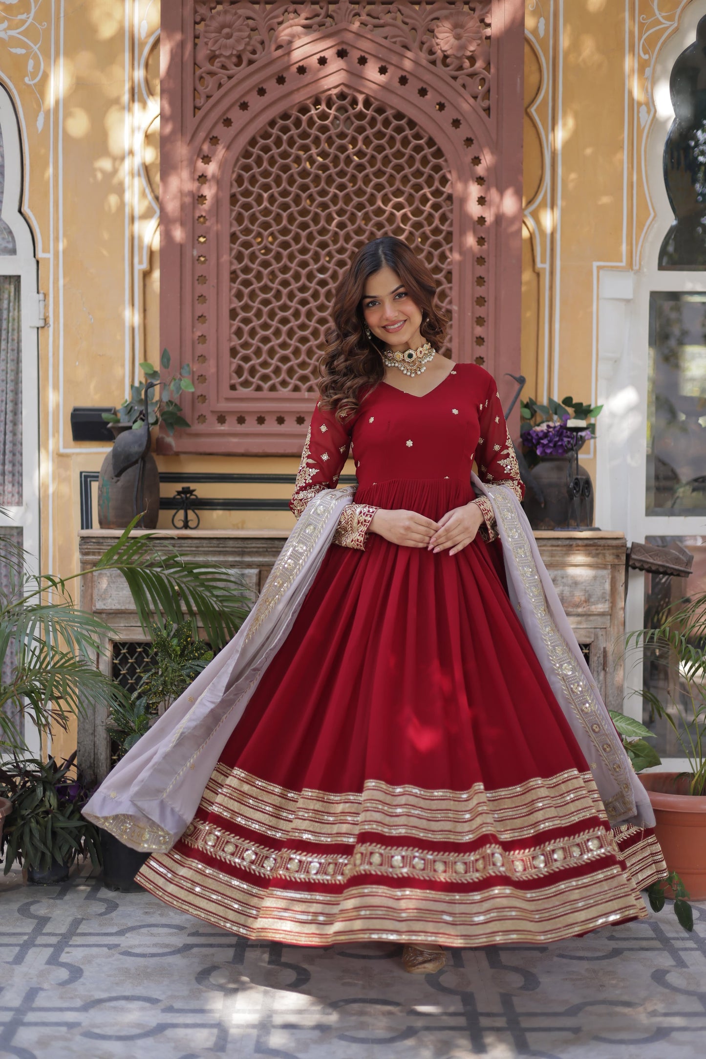 Maroon Faux Blooming with Embroidery Zari & Sequins Work Gown With Dupatta