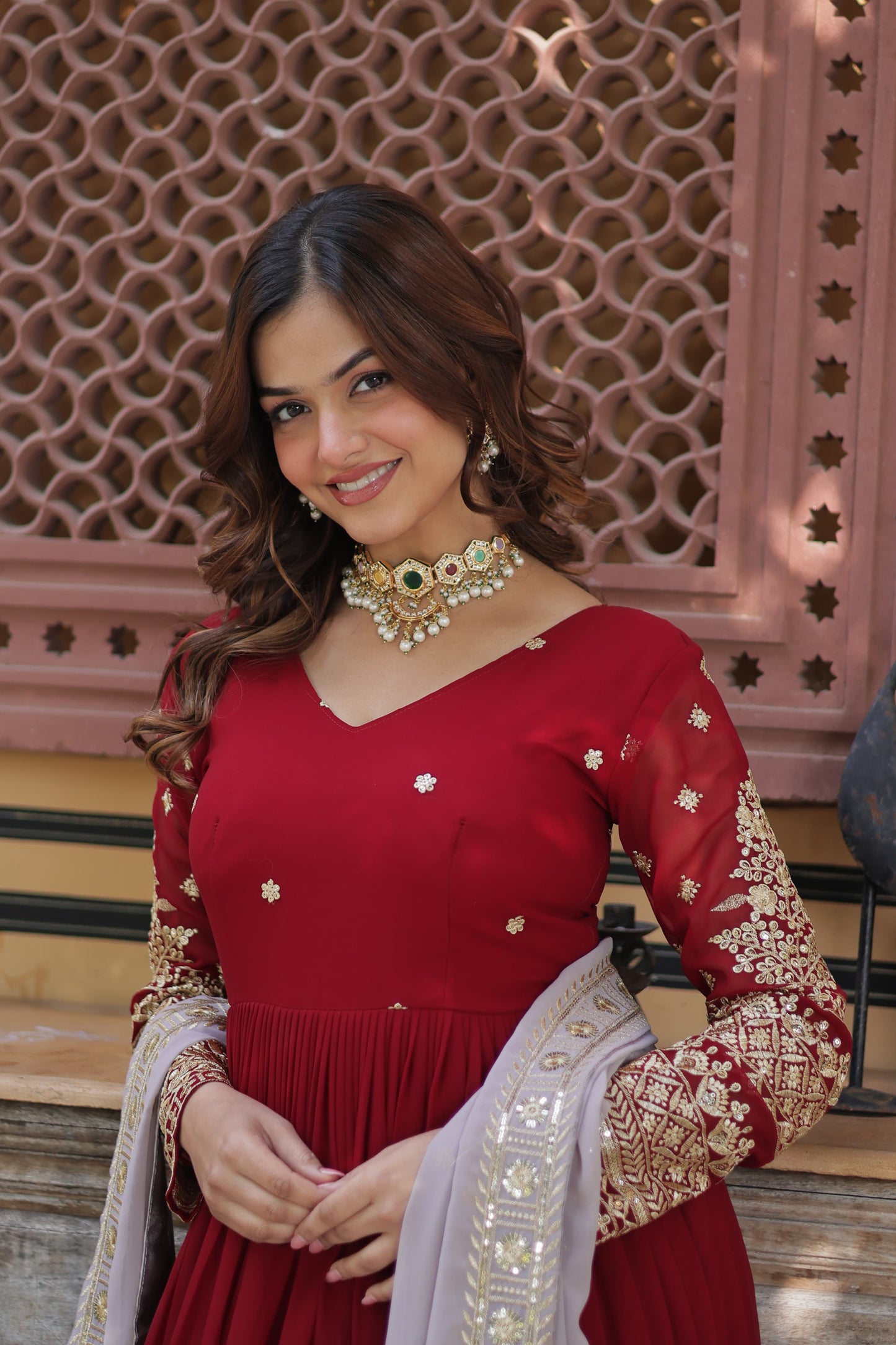 Maroon Faux Blooming with Embroidery Zari & Sequins Work Gown With Dupatta