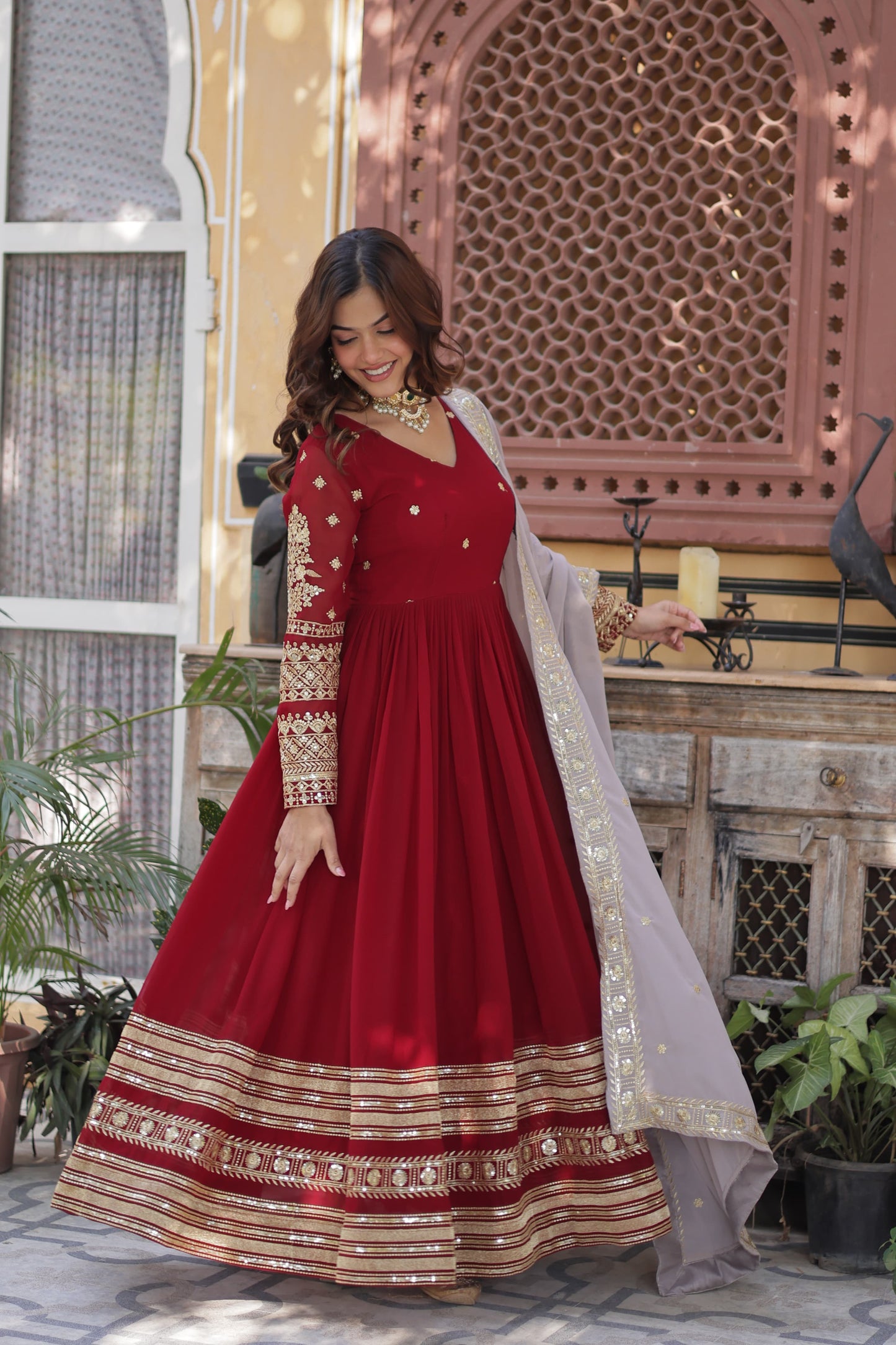 Maroon Faux Blooming with Embroidery Zari & Sequins Work Gown With Dupatta