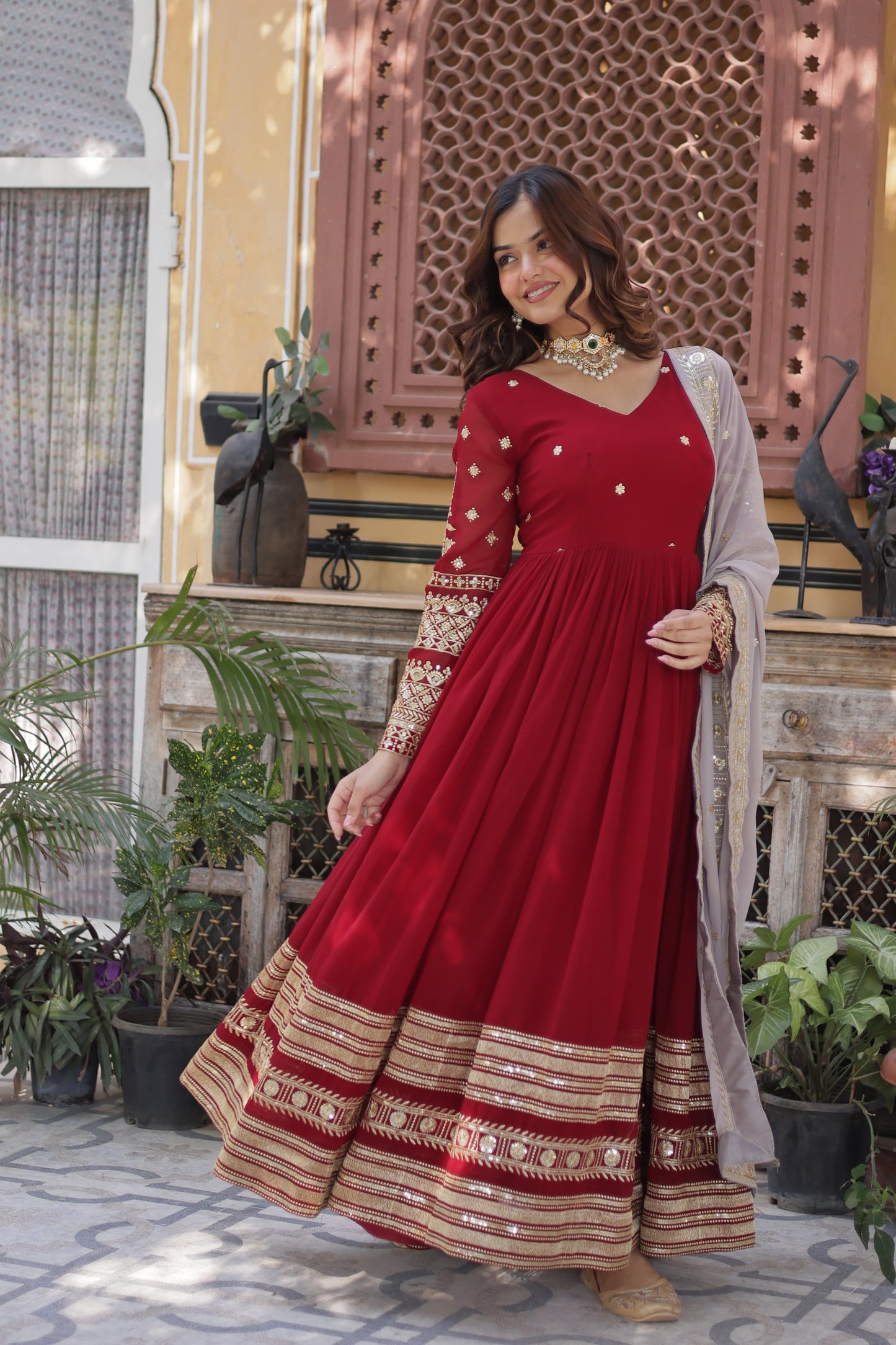 Maroon Faux Blooming with Embroidery Zari & Sequins Work Gown With Dupatta