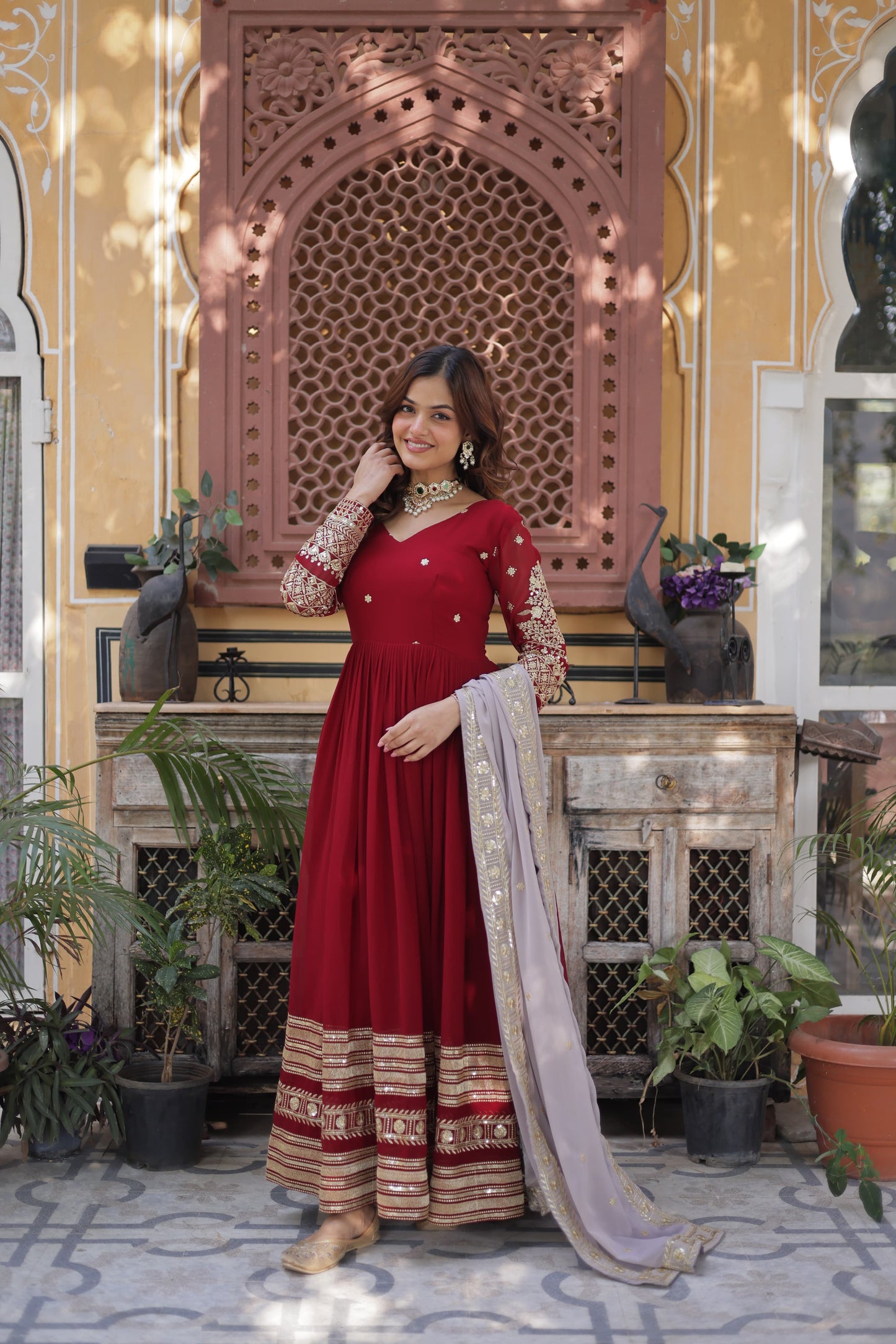 Maroon Faux Blooming with Embroidery Zari & Sequins Work Gown With Dupatta