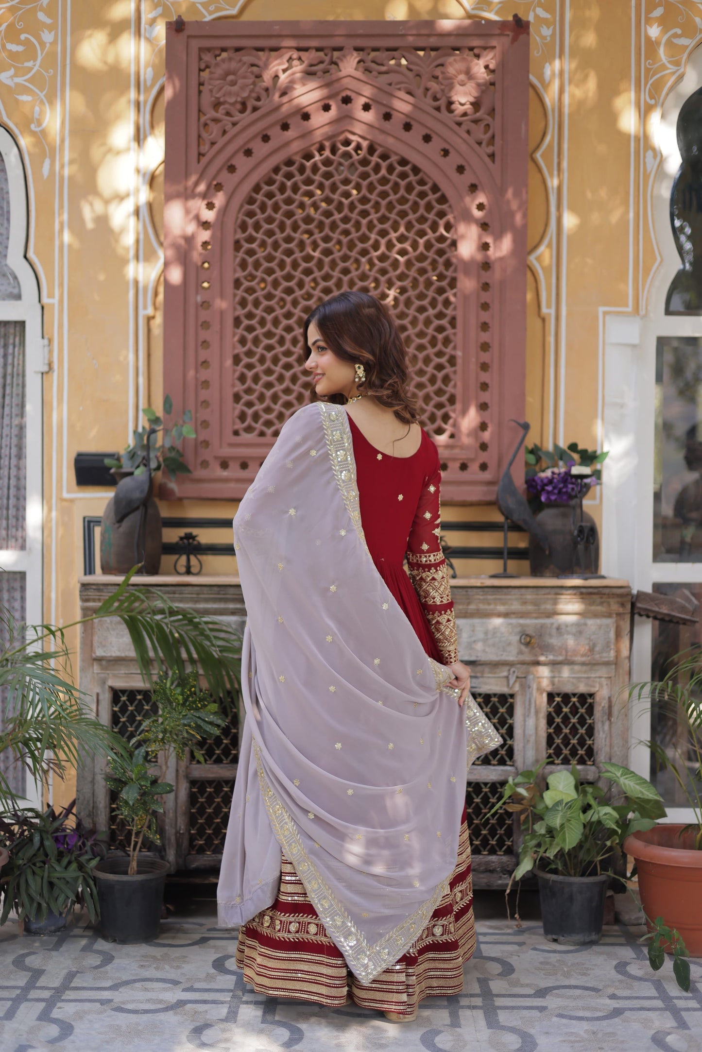 Maroon Faux Blooming with Embroidery Zari & Sequins Work Gown With Dupatta