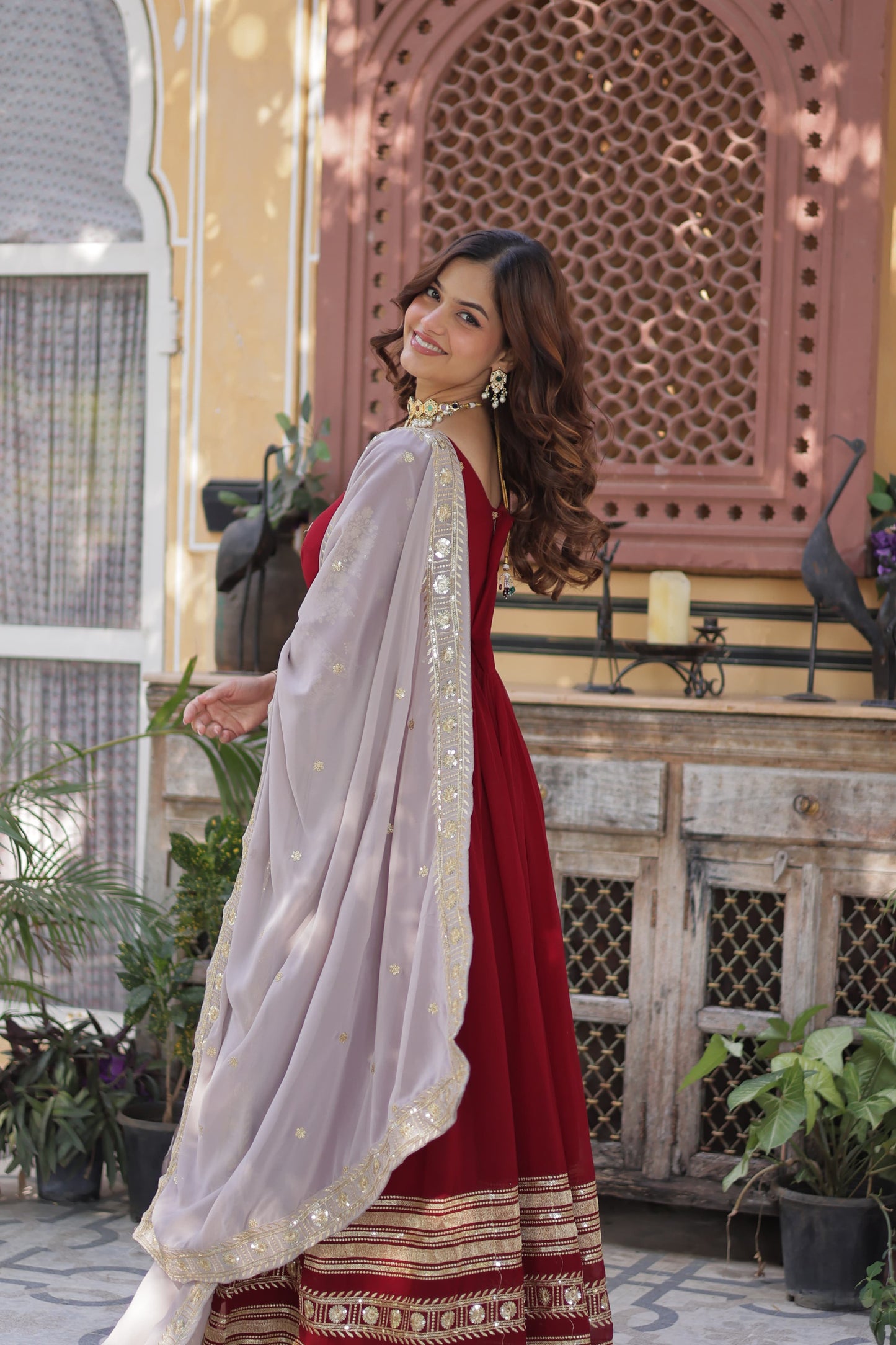 Maroon Faux Blooming with Embroidery Zari & Sequins Work Gown With Dupatta