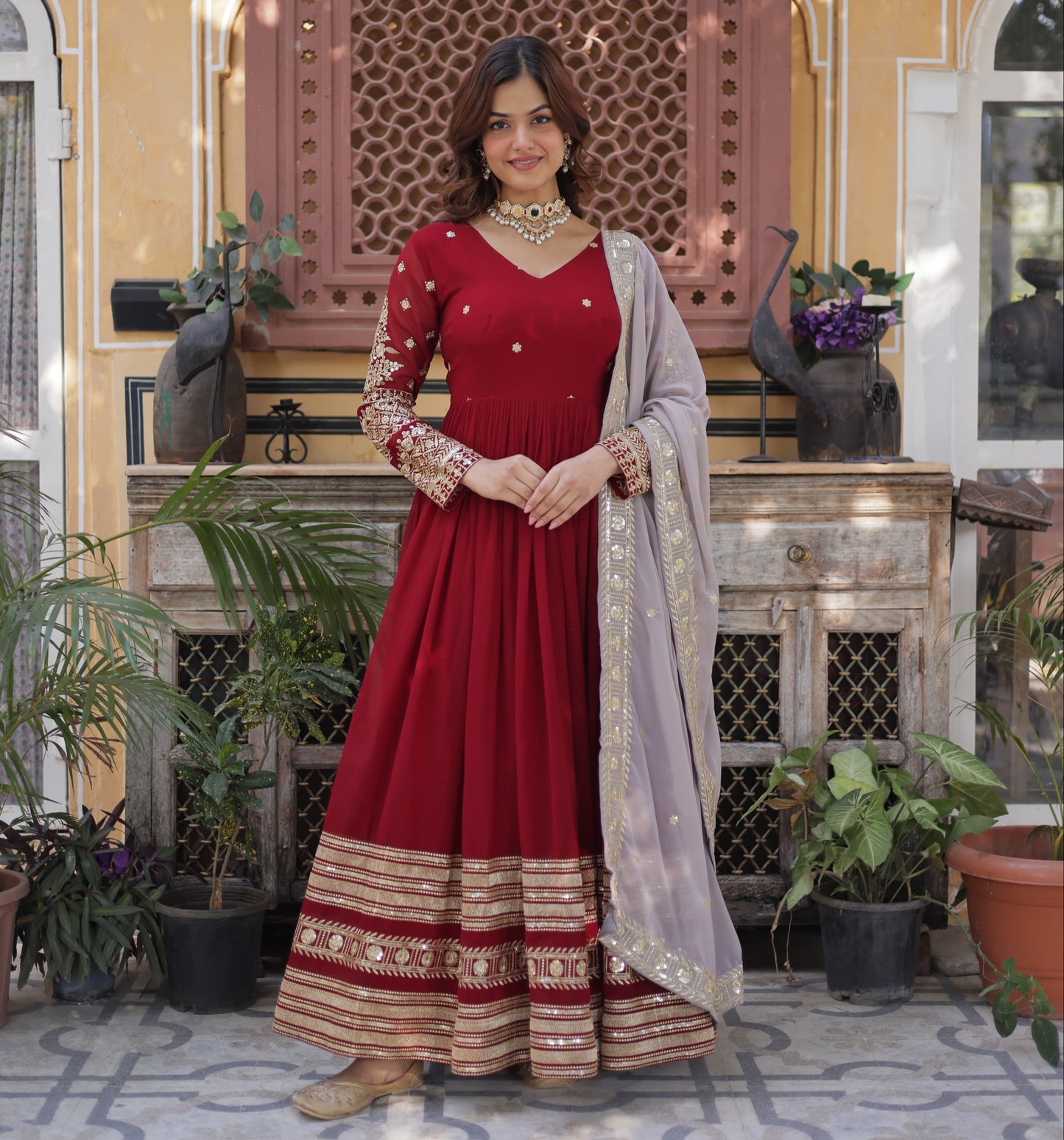Maroon Faux Blooming with Embroidery Zari & Sequins Work Gown With Dupatta