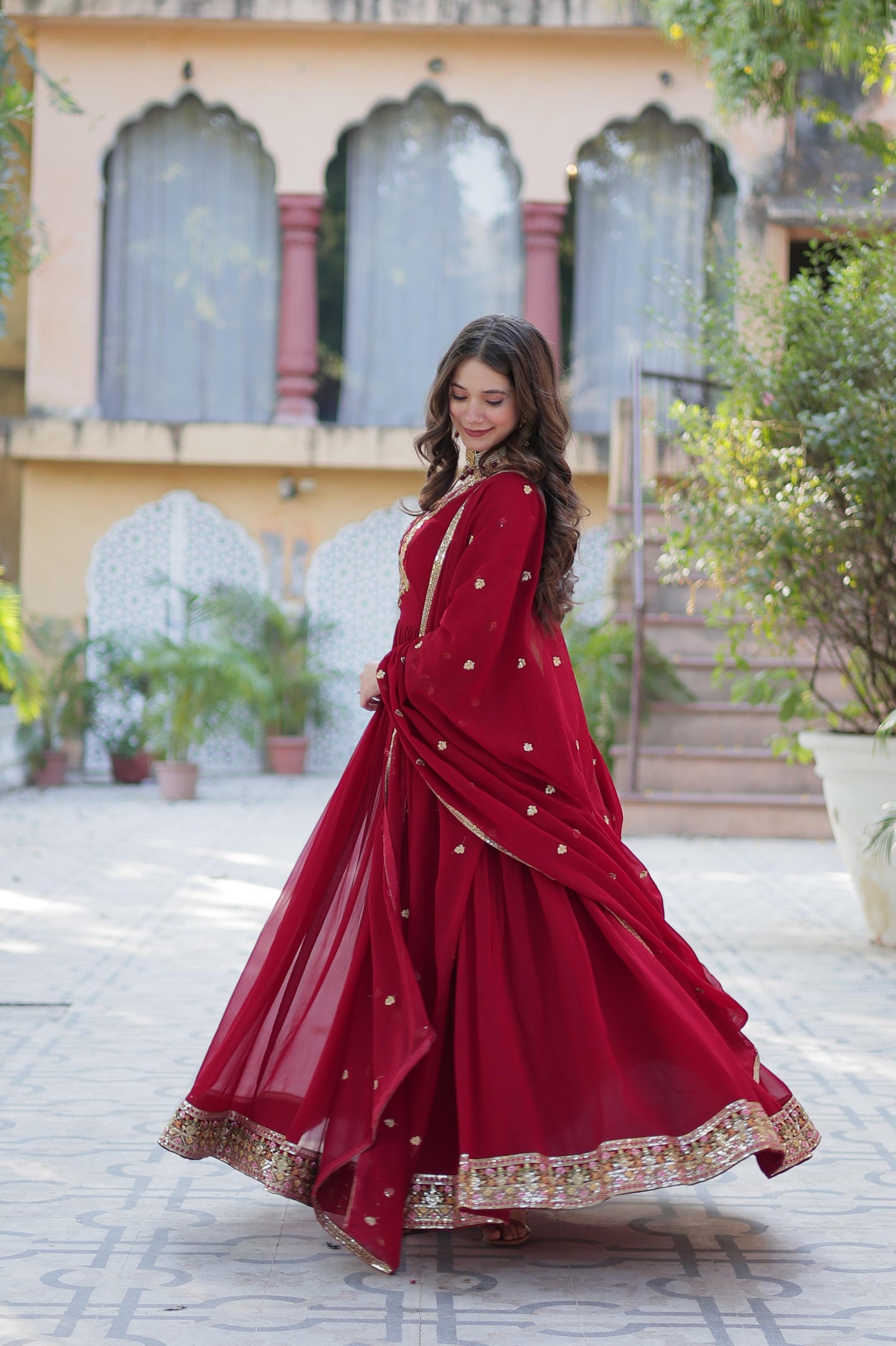 Maroon  Rich sequins Faux Blooming Georgette Gown With Dupatta