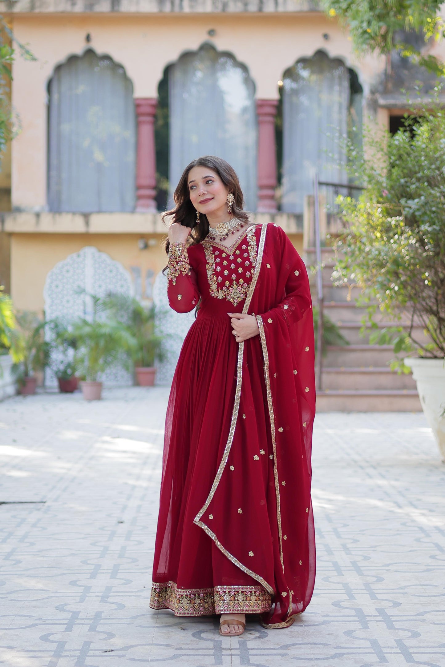 Maroon  Rich sequins Faux Blooming Georgette Gown With Dupatta