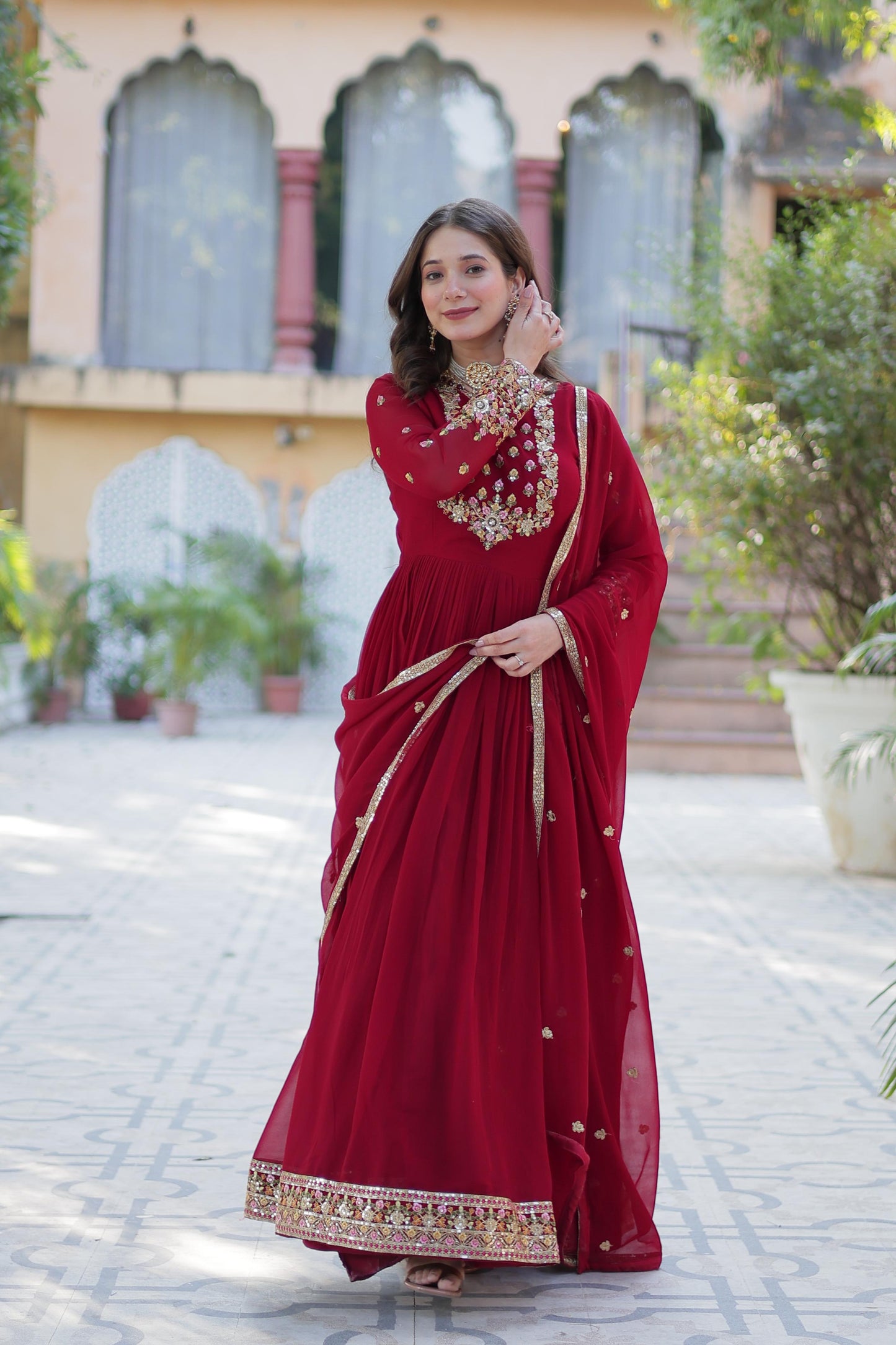 Maroon  Rich sequins Faux Blooming Georgette Gown With Dupatta
