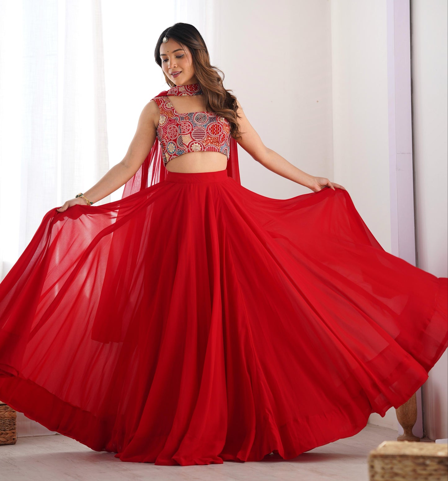 Red Pure Soft Fox Georgette Blooming Lehenga Choli