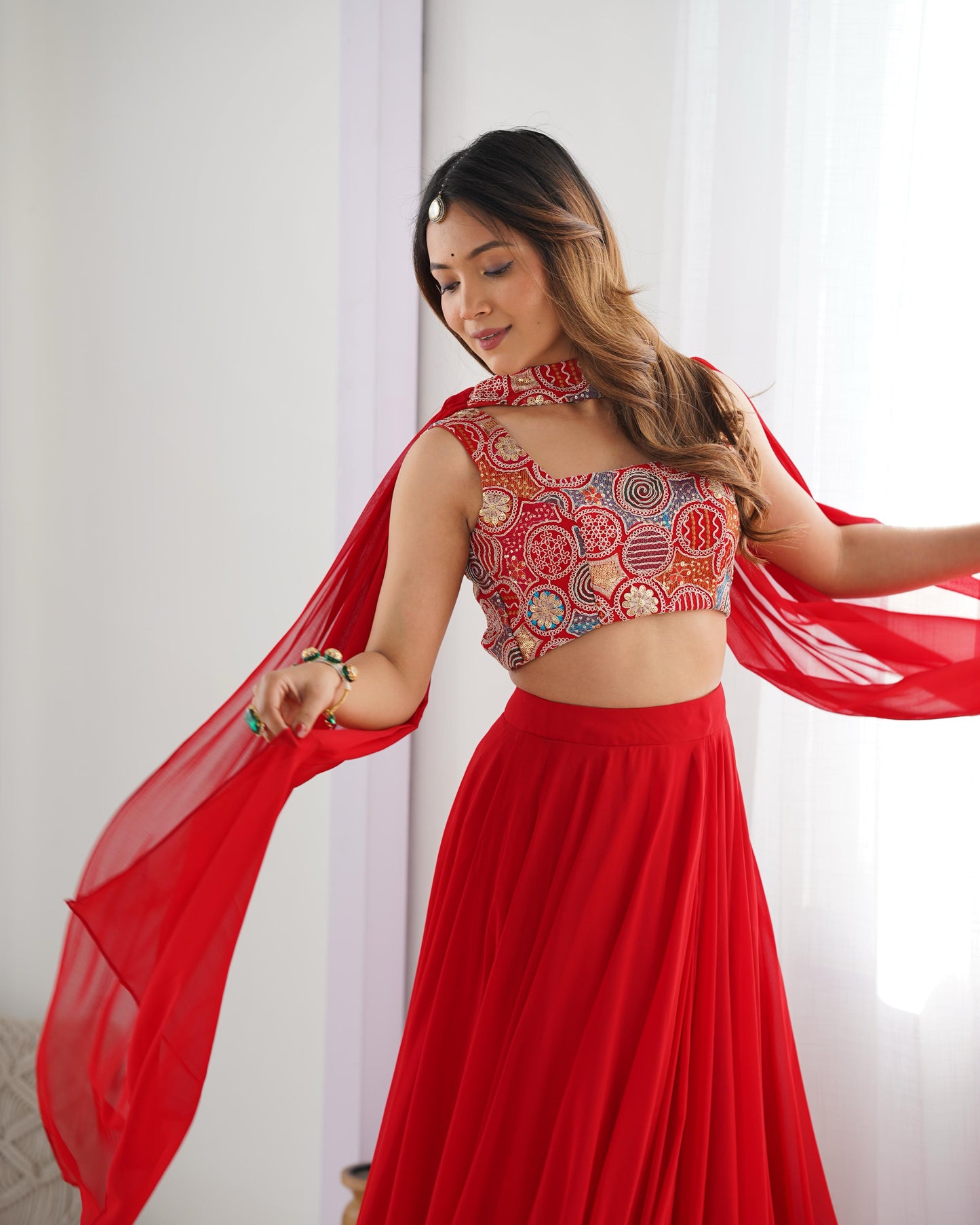 Red Pure Soft Fox Georgette Blooming Lehenga Choli