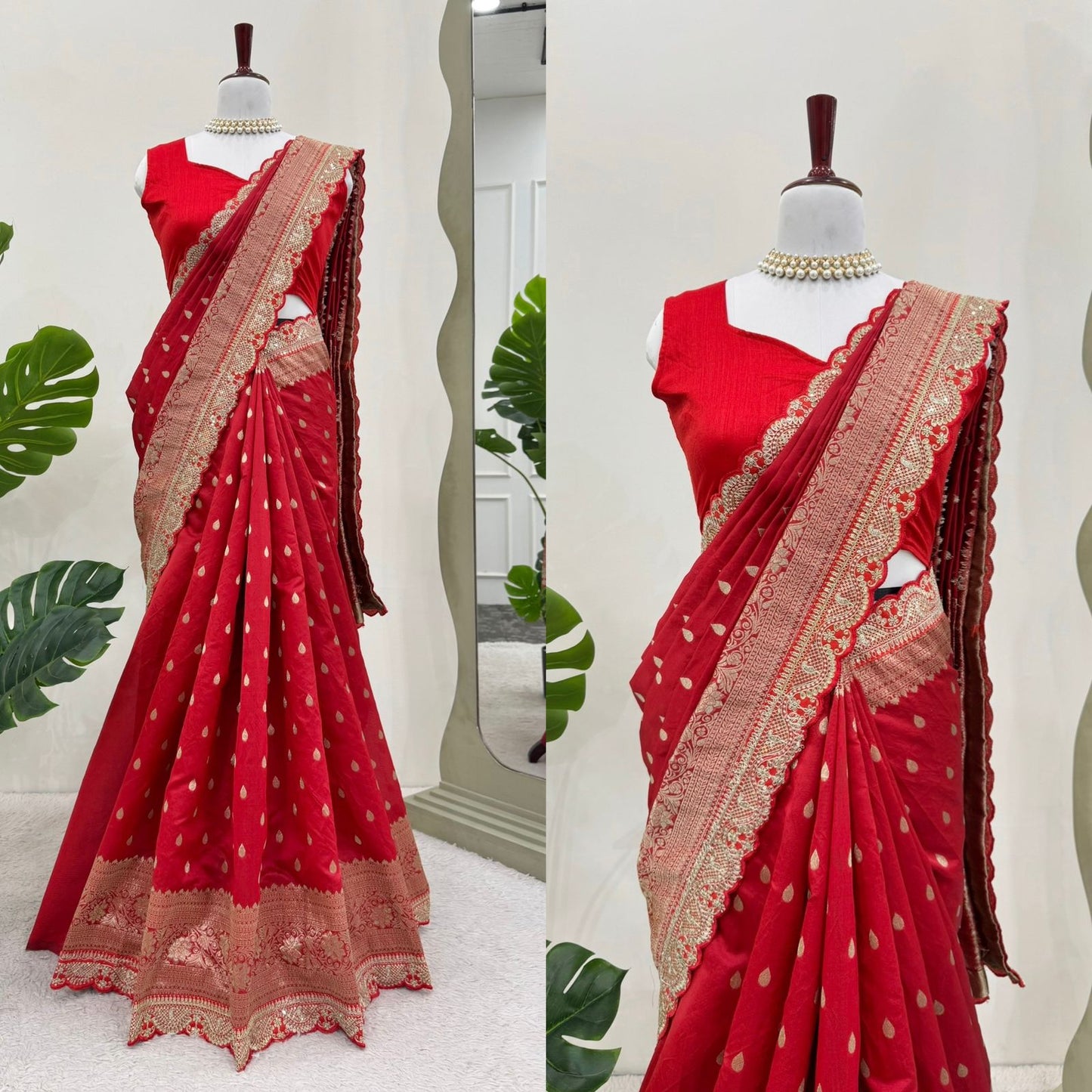 Red Color Sequin Lace Work Kota Silk Saree