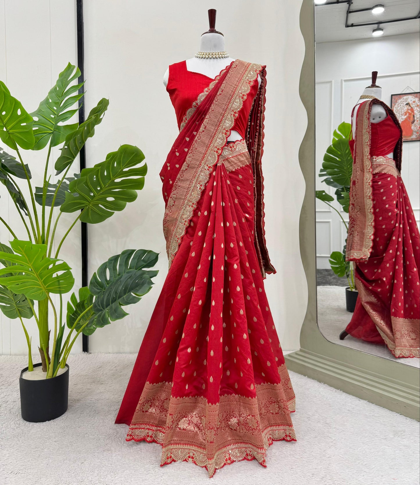 Red Color Sequin Lace Work Kota Silk Saree