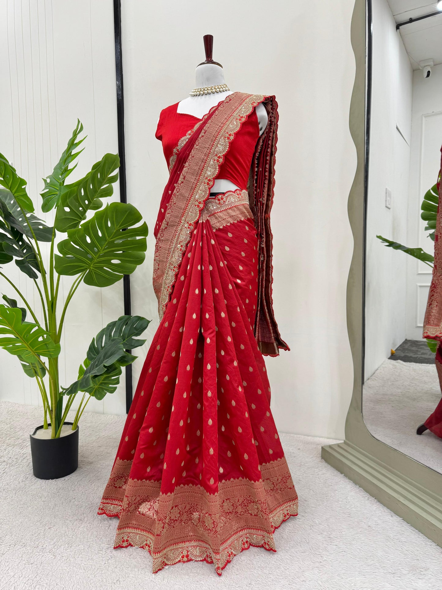 Red Color Sequin Lace Work Kota Silk Saree