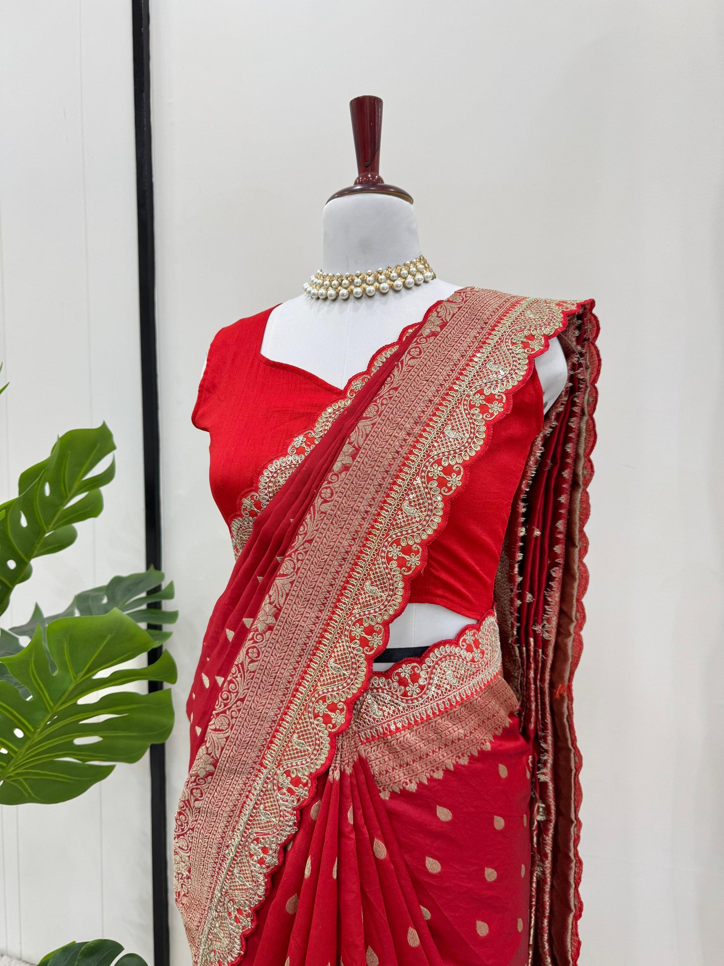 Red Color Sequin Lace Work Kota Silk Saree