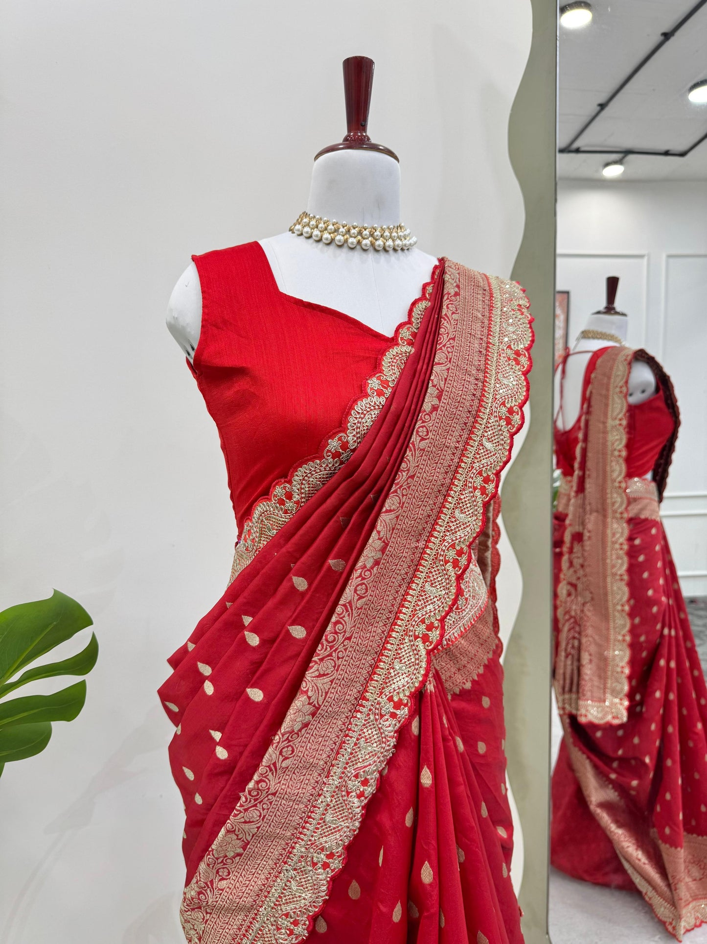 Red Color Sequin Lace Work Kota Silk Saree