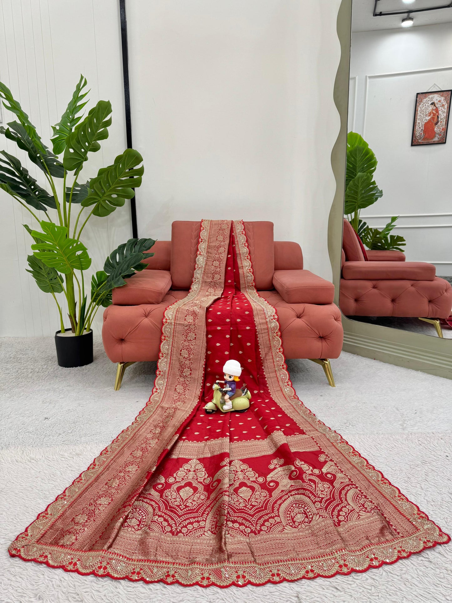 Red Color Sequin Lace Work Kota Silk Saree