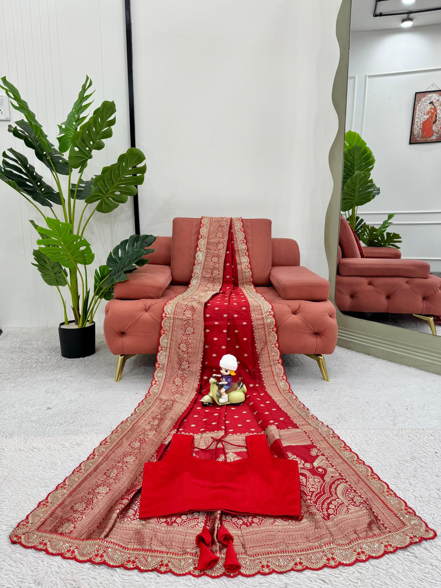 Red Color Sequin Lace Work Kota Silk Saree
