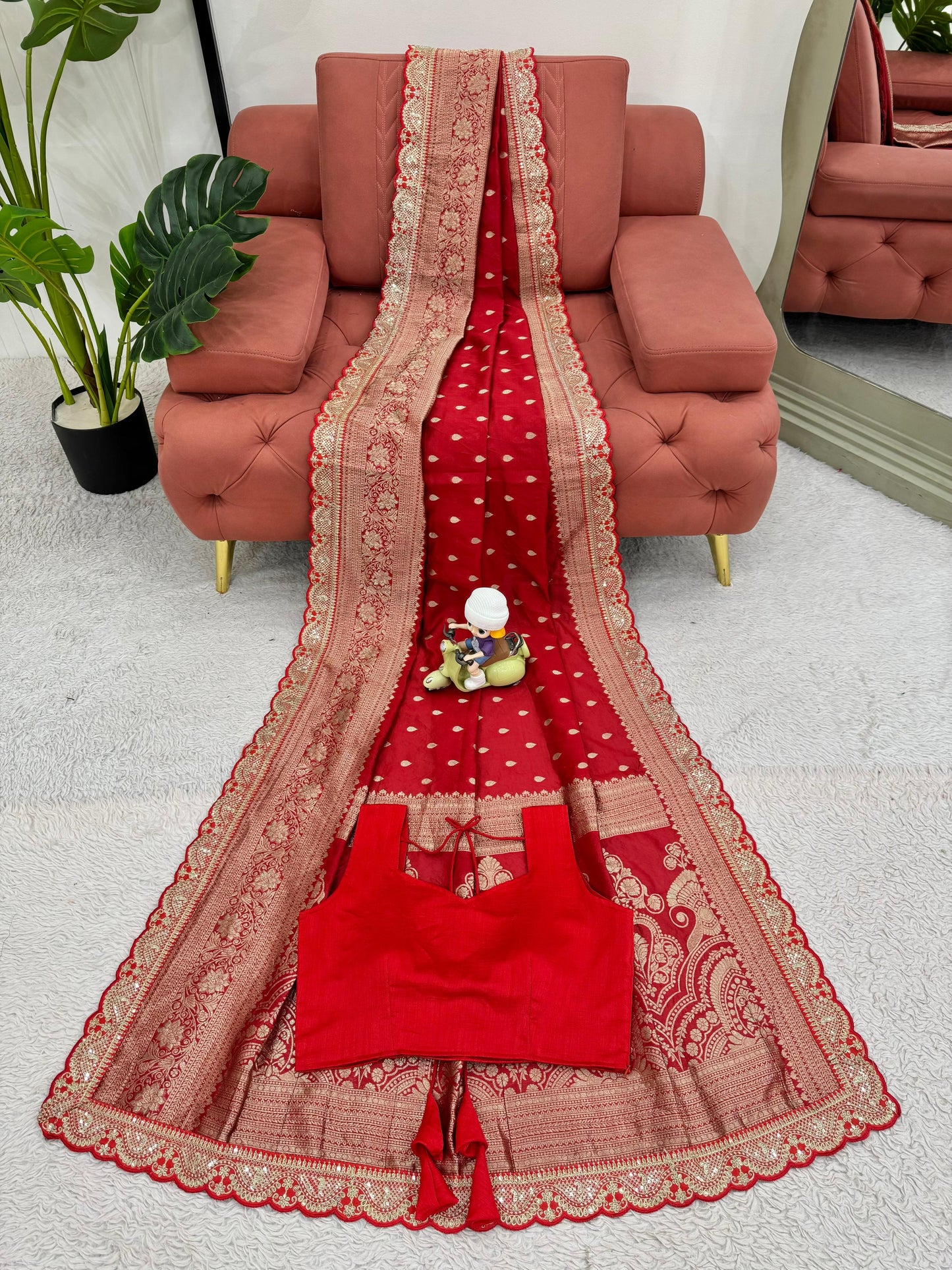 Red Color Sequin Lace Work Kota Silk Saree