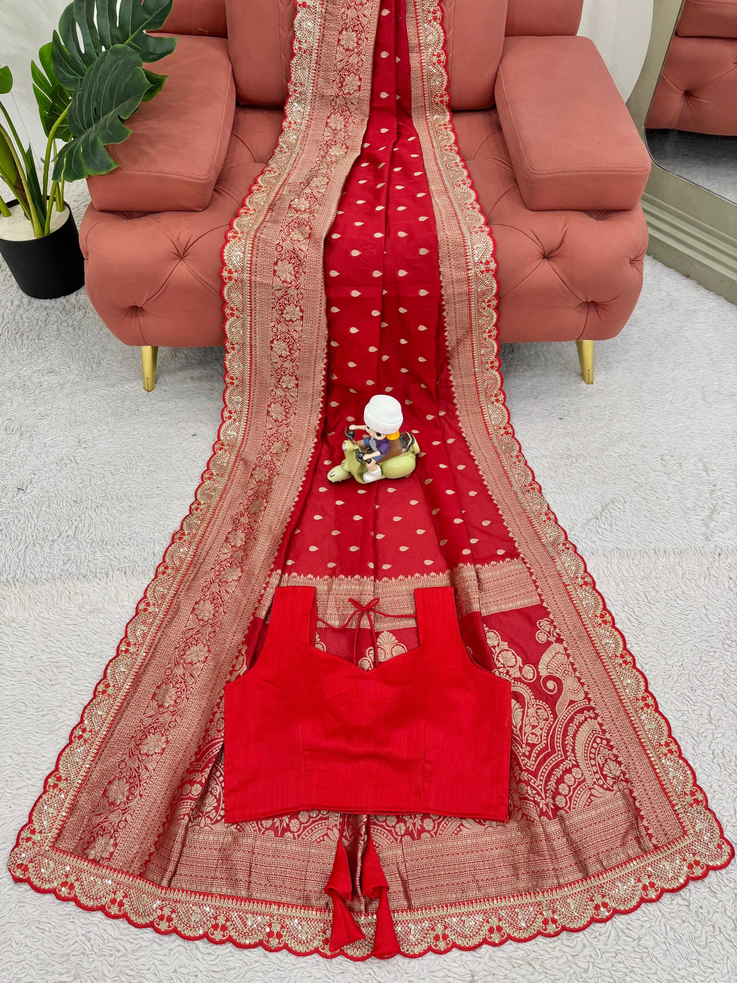 Red Color Sequin Lace Work Kota Silk Saree
