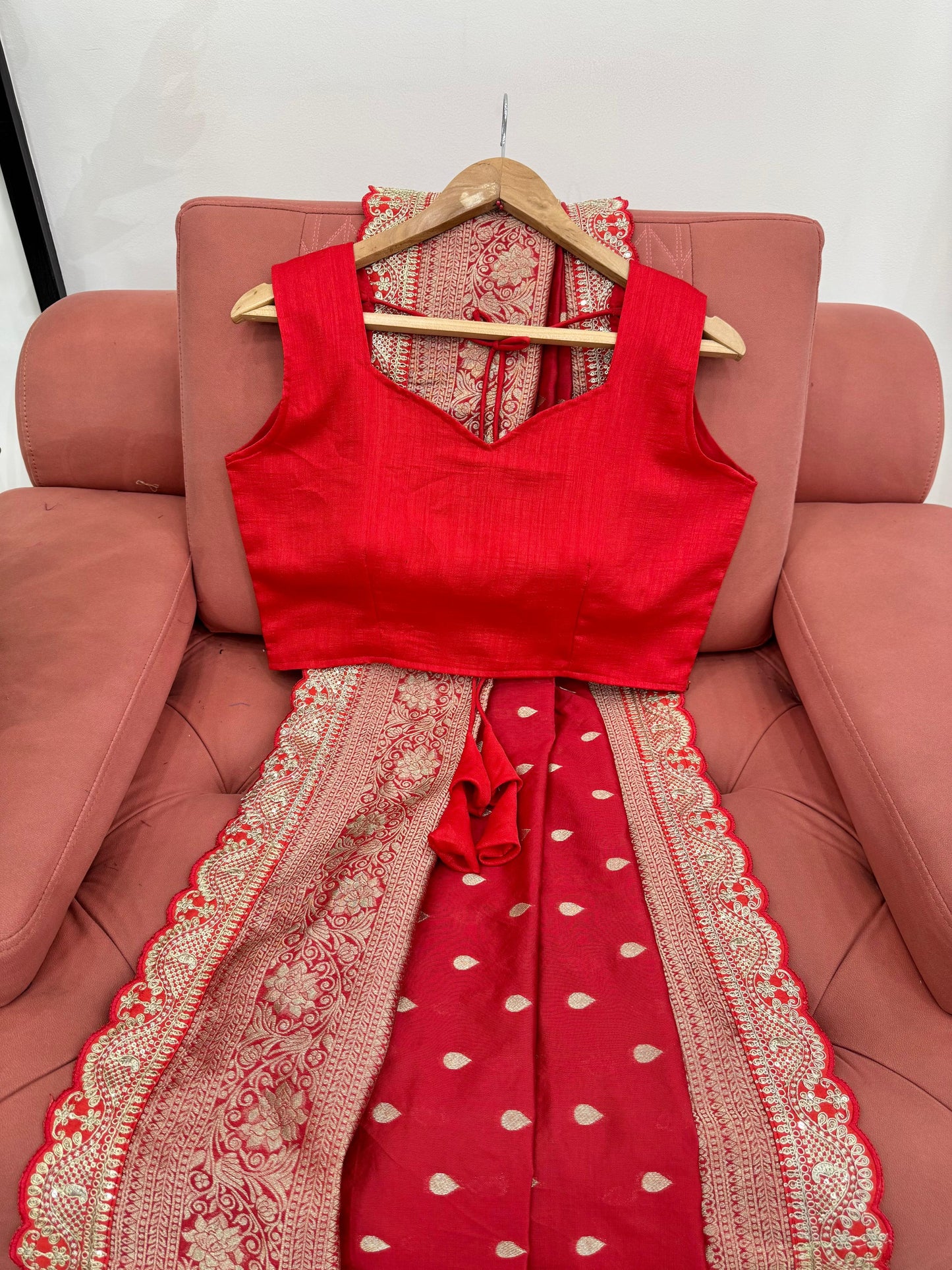 Red Color Sequin Lace Work Kota Silk Saree