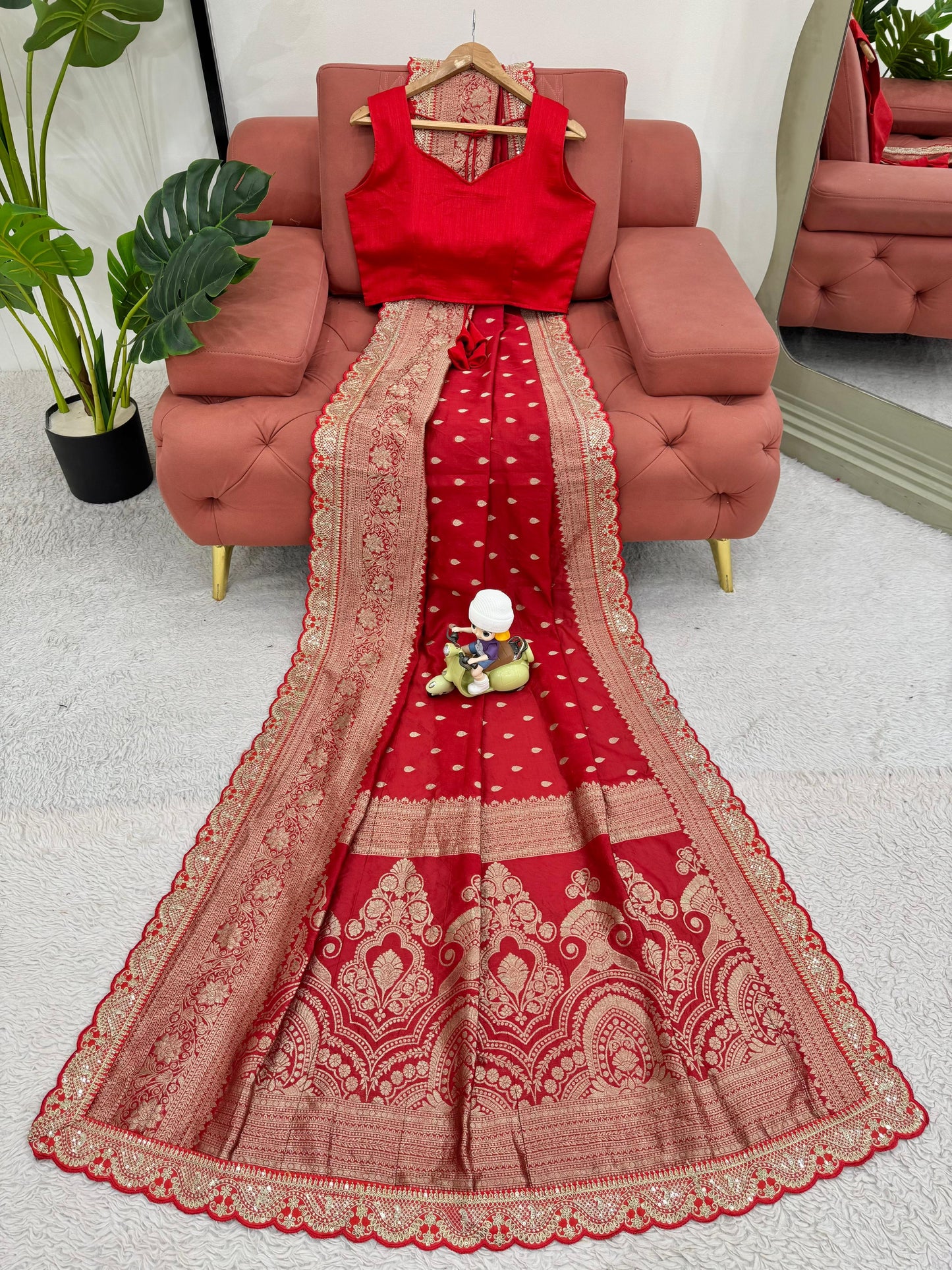 Red Color Sequin Lace Work Kota Silk Saree
