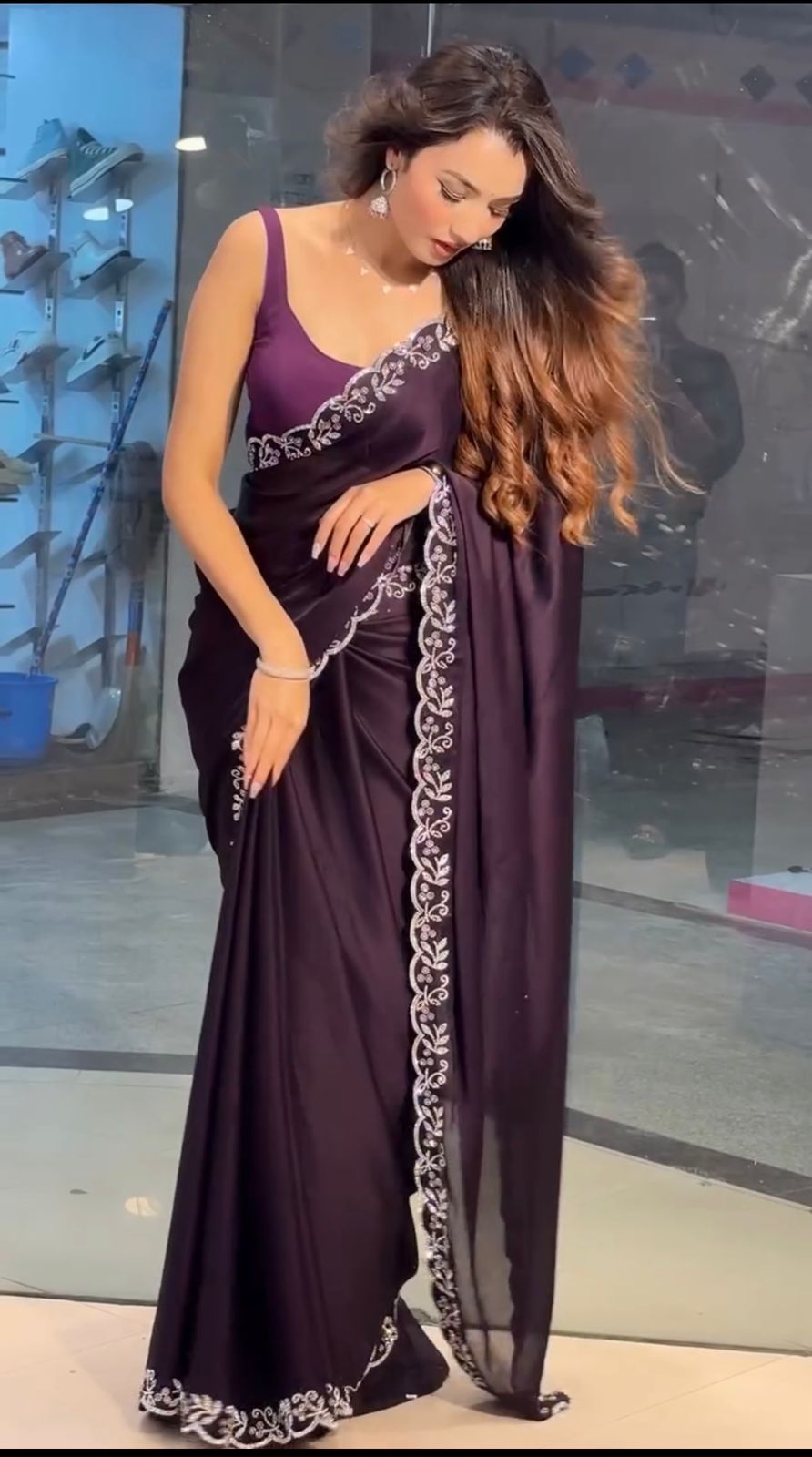 Wine Color Rangoli Silk With Beautiful Seroski Diamonds Saree