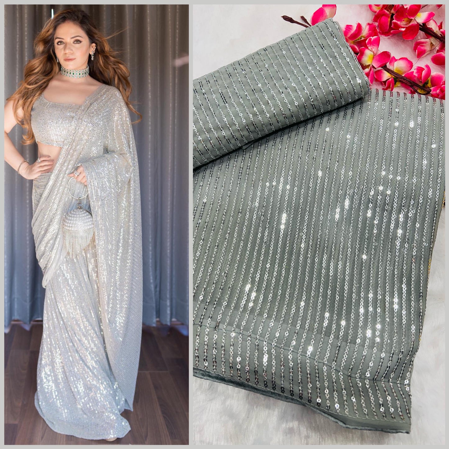 Heavy Georgette 3MM Sequins Embroidery Work Saree