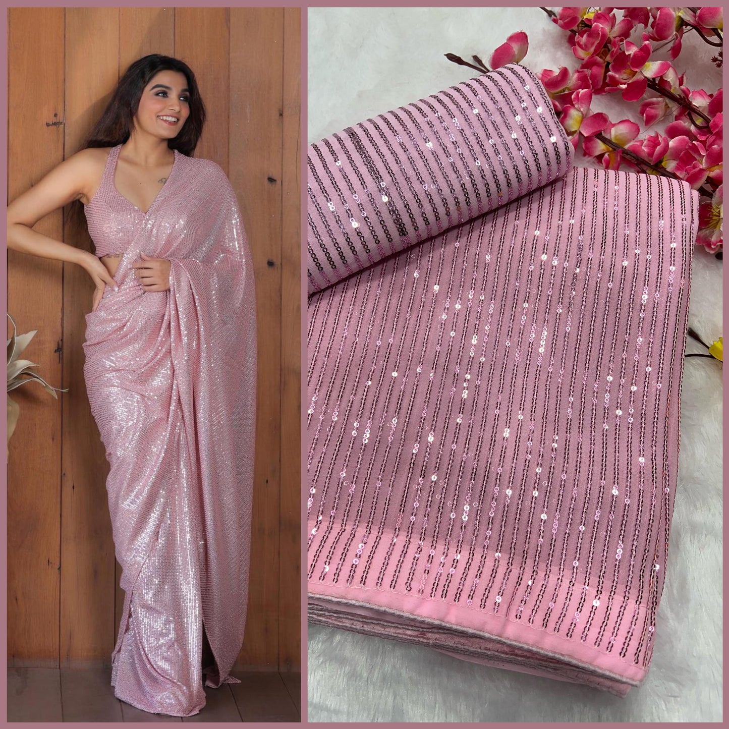 Heavy Georgette 3MM Sequins Embroidery Work Saree