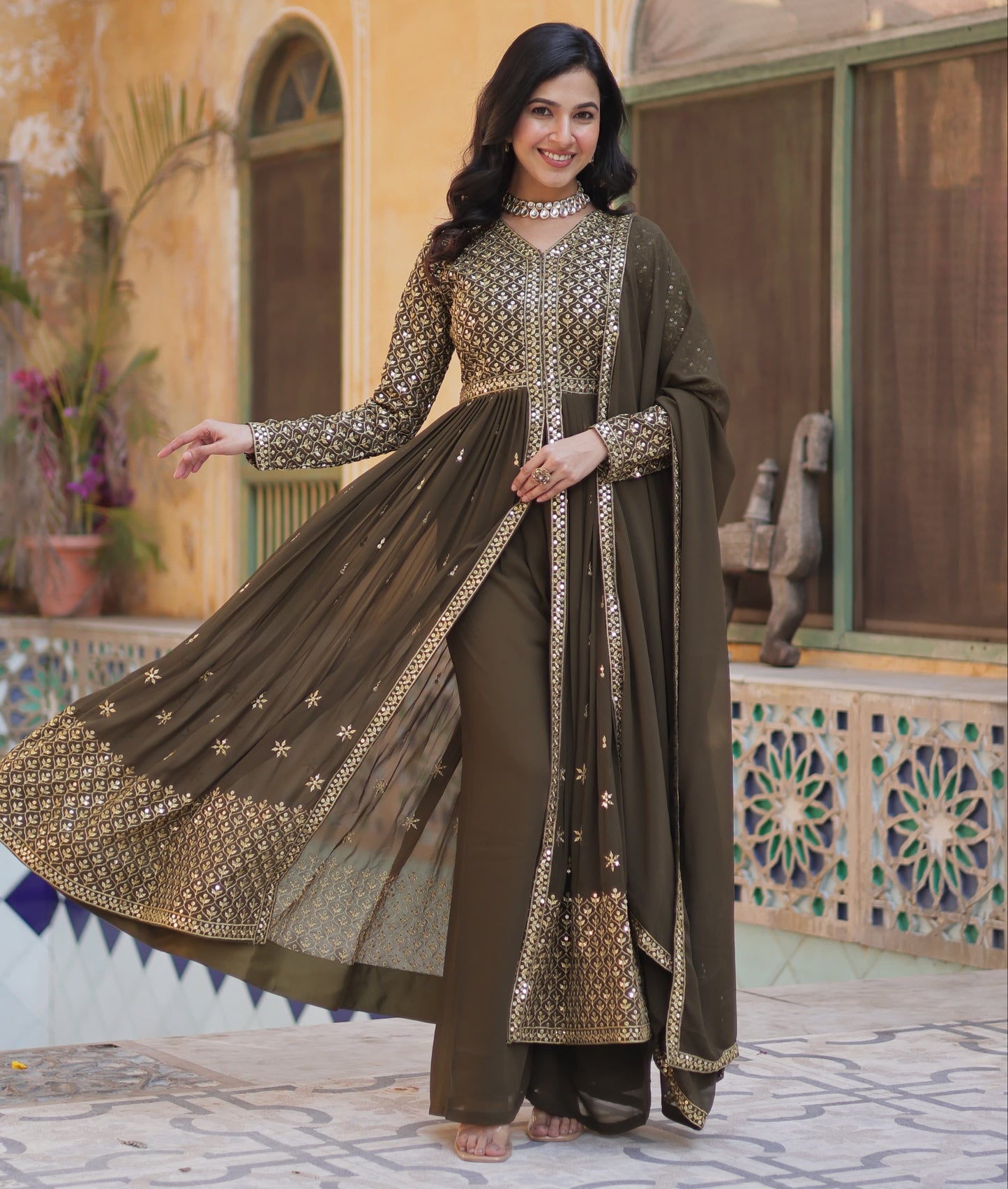 Faux Georgette with Embroidered Work 3pc Kurti Set