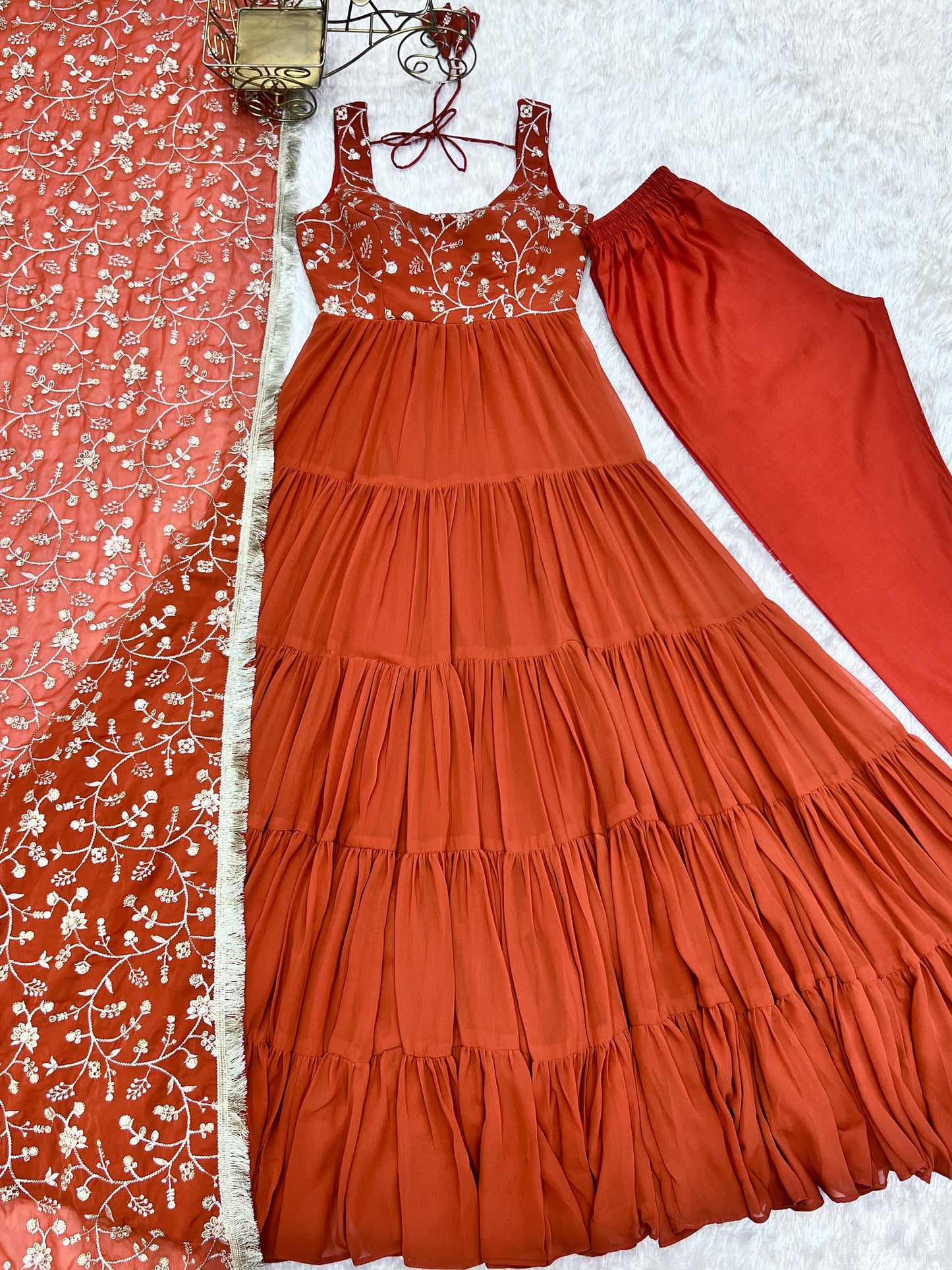Rust Orange Color Heavy Pure Soft Fox Georgette 3pc Kurta Set