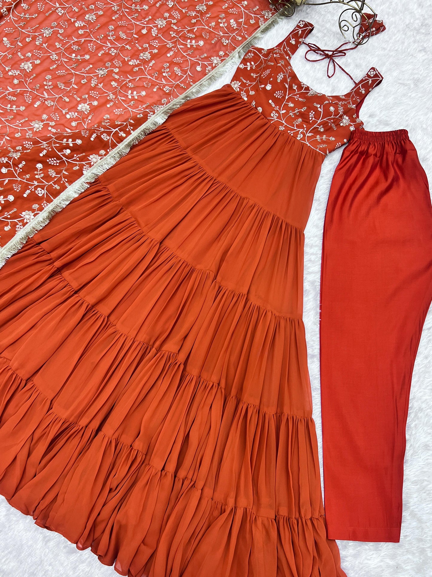 Rust Orange Color Heavy Pure Soft Fox Georgette 3pc Kurta Set