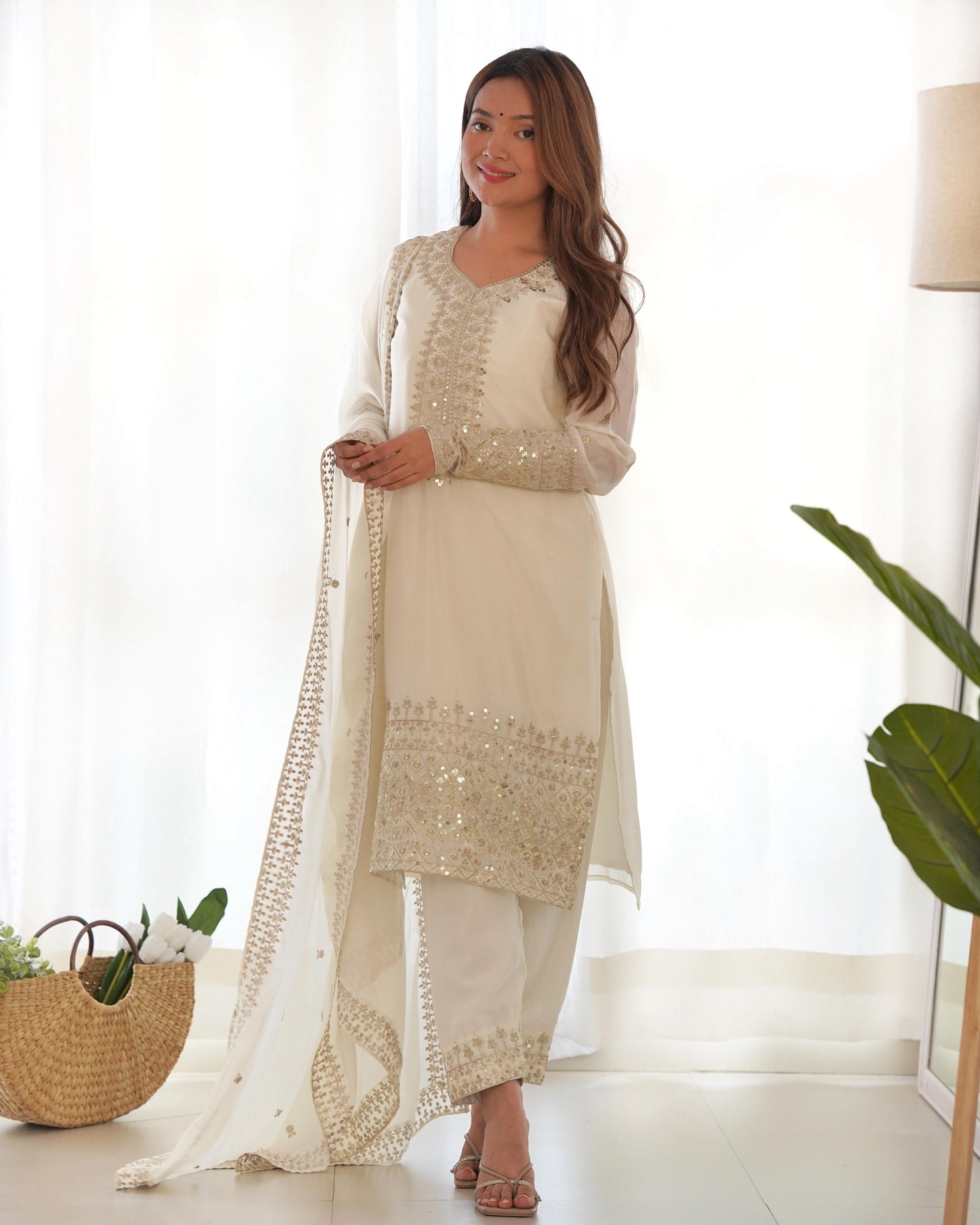White Pure Chinon Silk Embroidery with Sequins &Jari Work 3pc Kurta Set