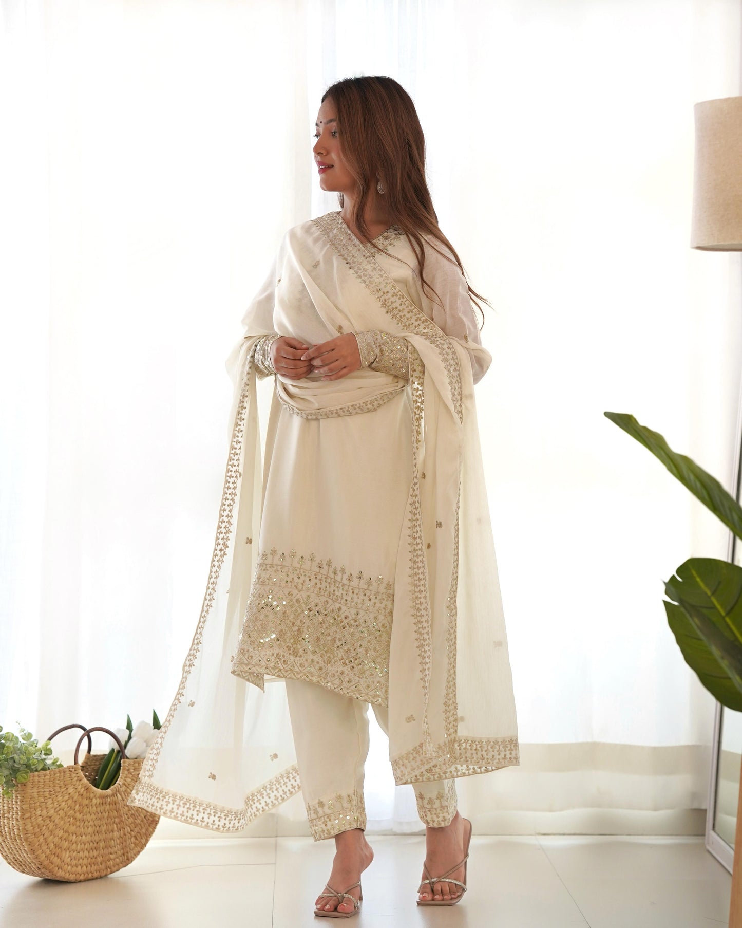 White Pure Chinon Silk Embroidery with Sequins &Jari Work 3pc Kurta Set