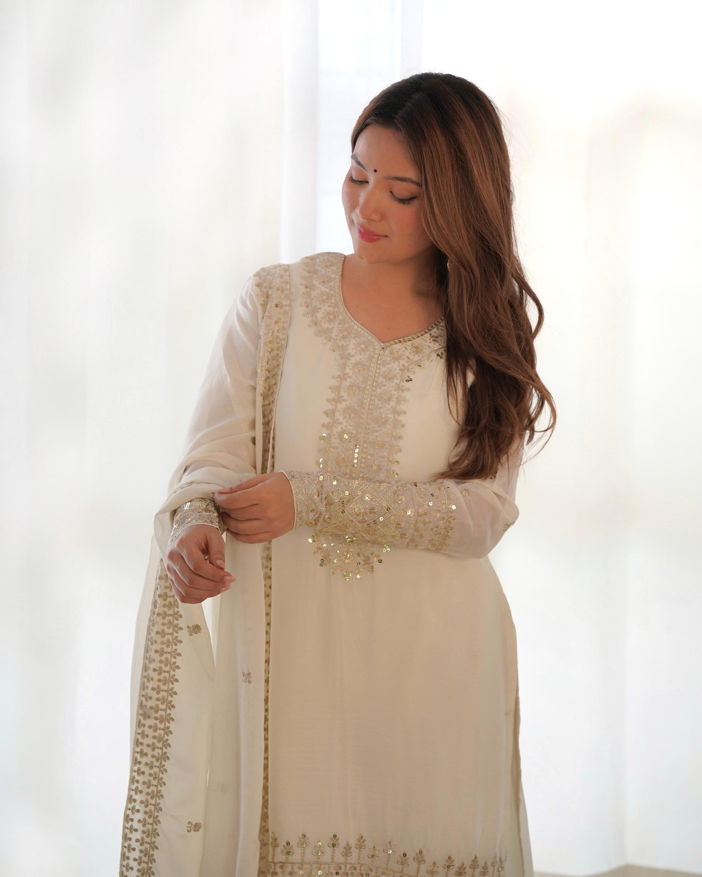 White Pure Chinon Silk Embroidery with Sequins &Jari Work 3pc Kurta Set