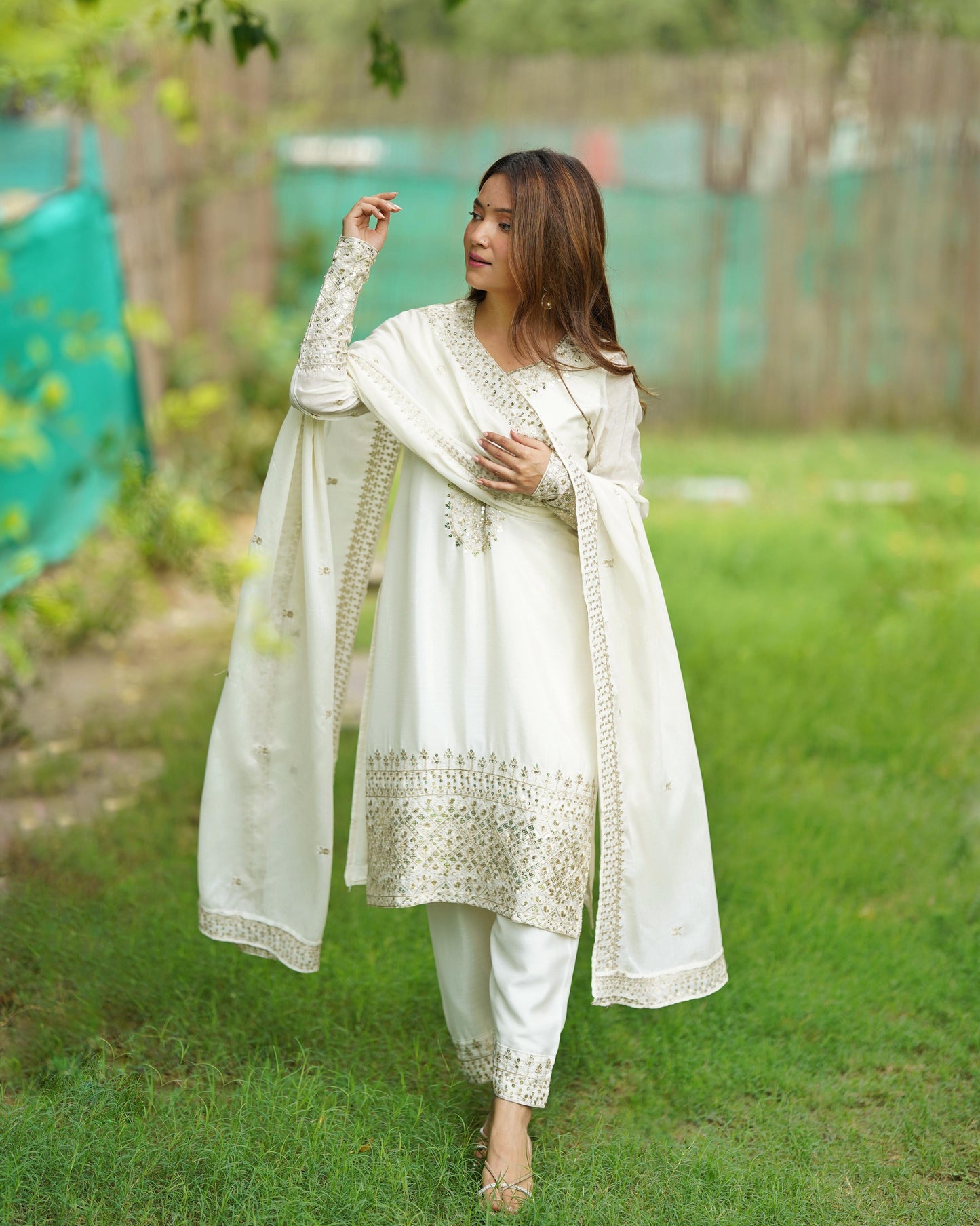 White Pure Chinon Silk Embroidery with Sequins &Jari Work 3pc Kurta Set