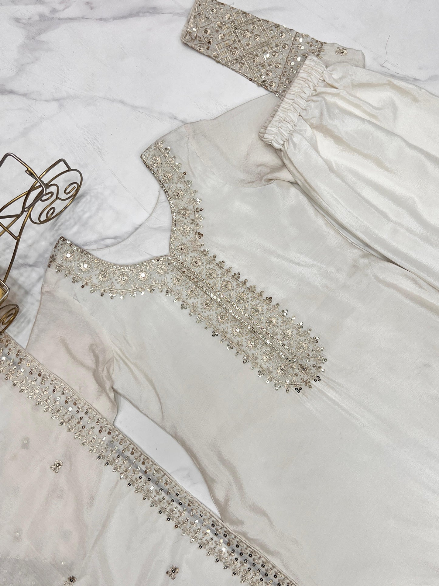 White Pure Chinon Silk Embroidery with Sequins &Jari Work 3pc Kurta Set