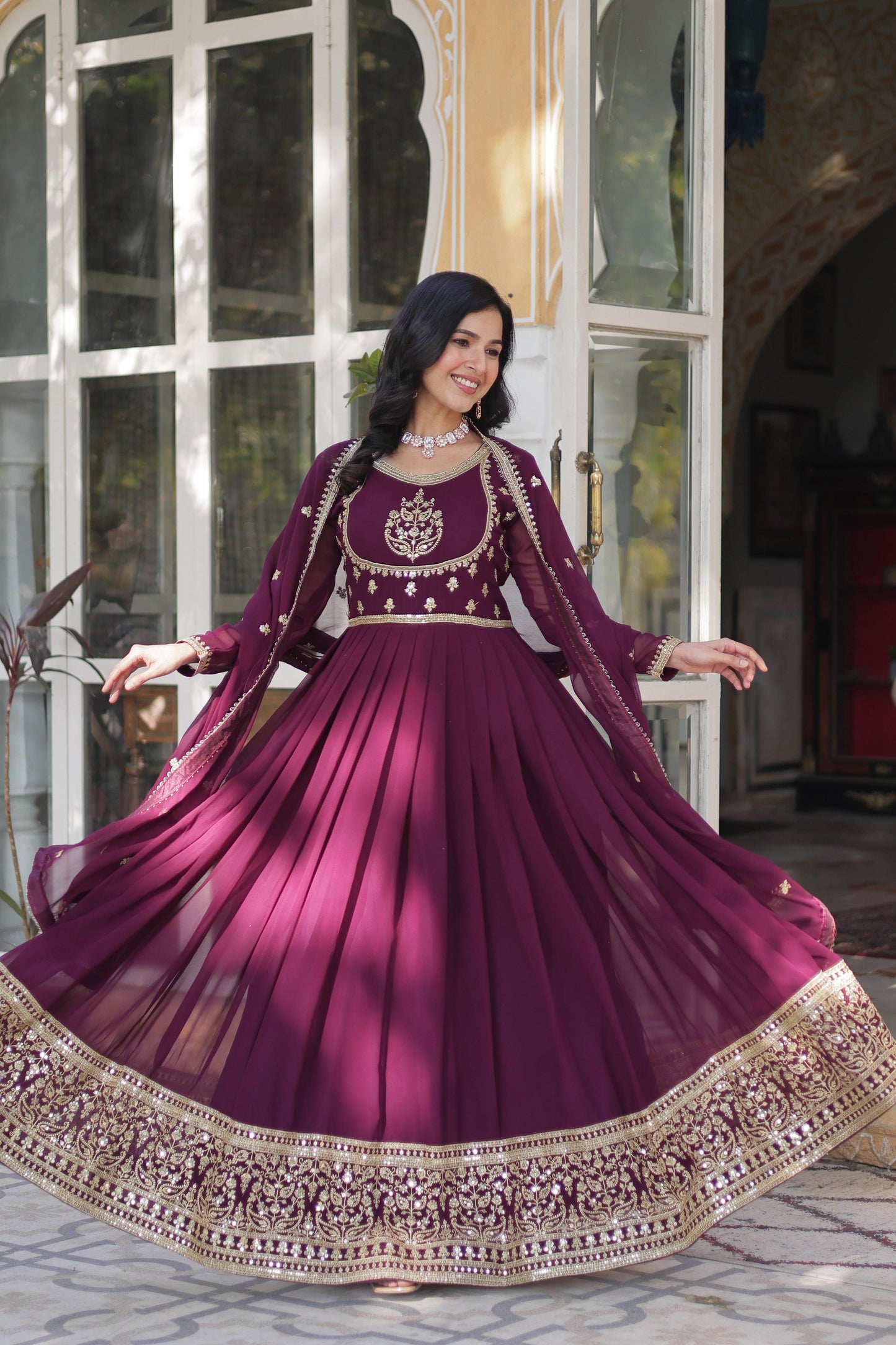 Pink Faux Blooming Georgette with Rich Sequins Embroidered Work Gown With Dupatta