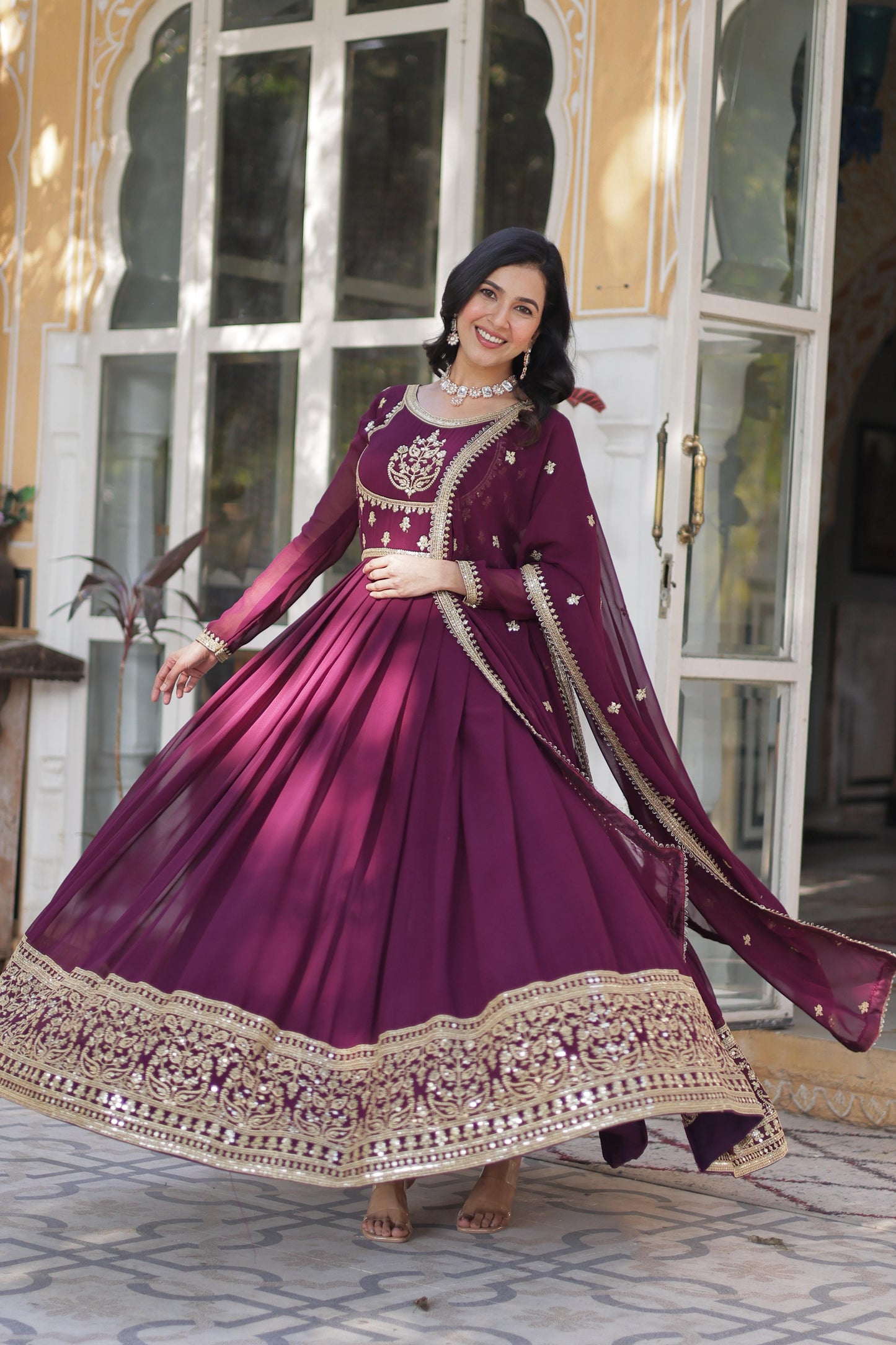 Pink Faux Blooming Georgette with Rich Sequins Embroidered Work Gown With Dupatta