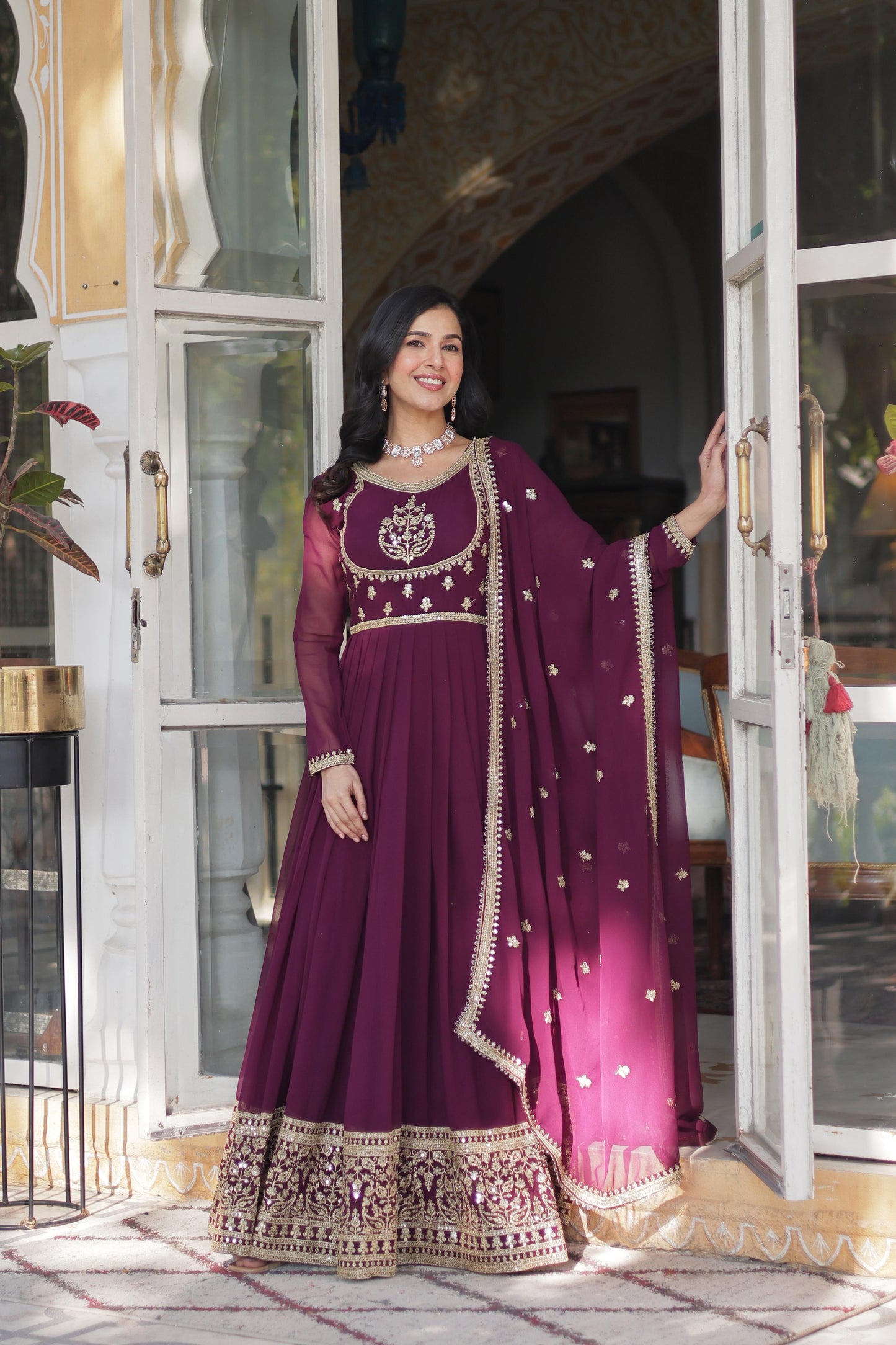 Pink Faux Blooming Georgette with Rich Sequins Embroidered Work Gown With Dupatta