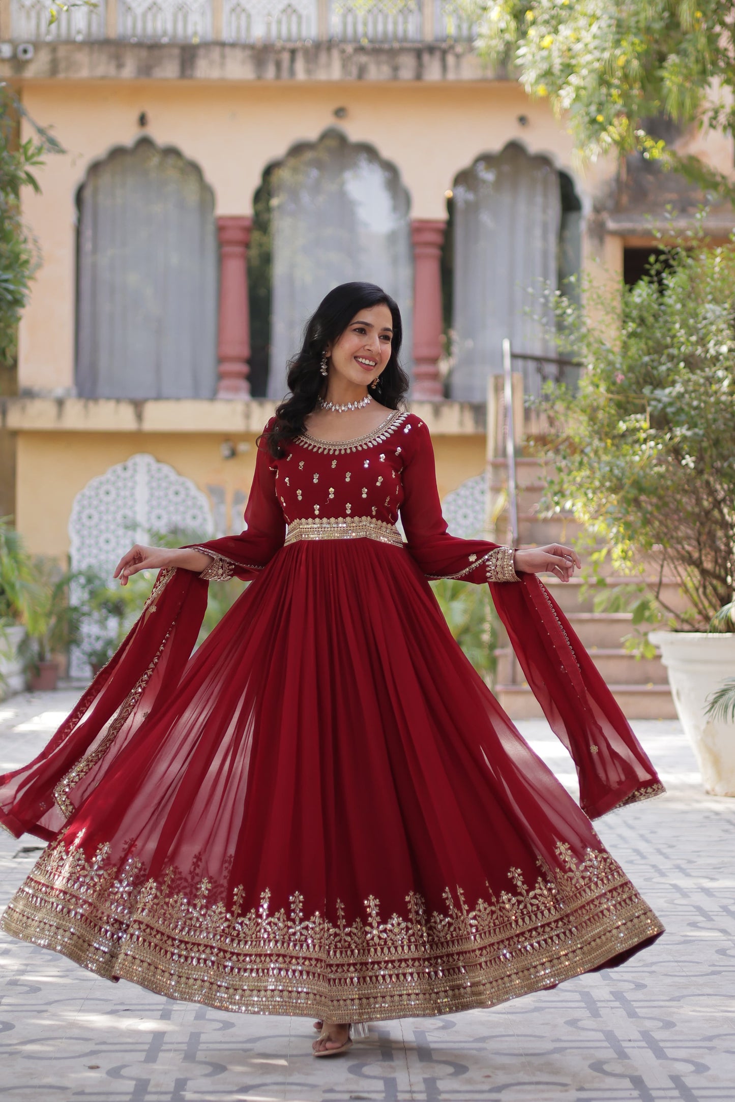Maroon Faux Blooming with Embroidery Zari Sequins Work Gown With Dupatta