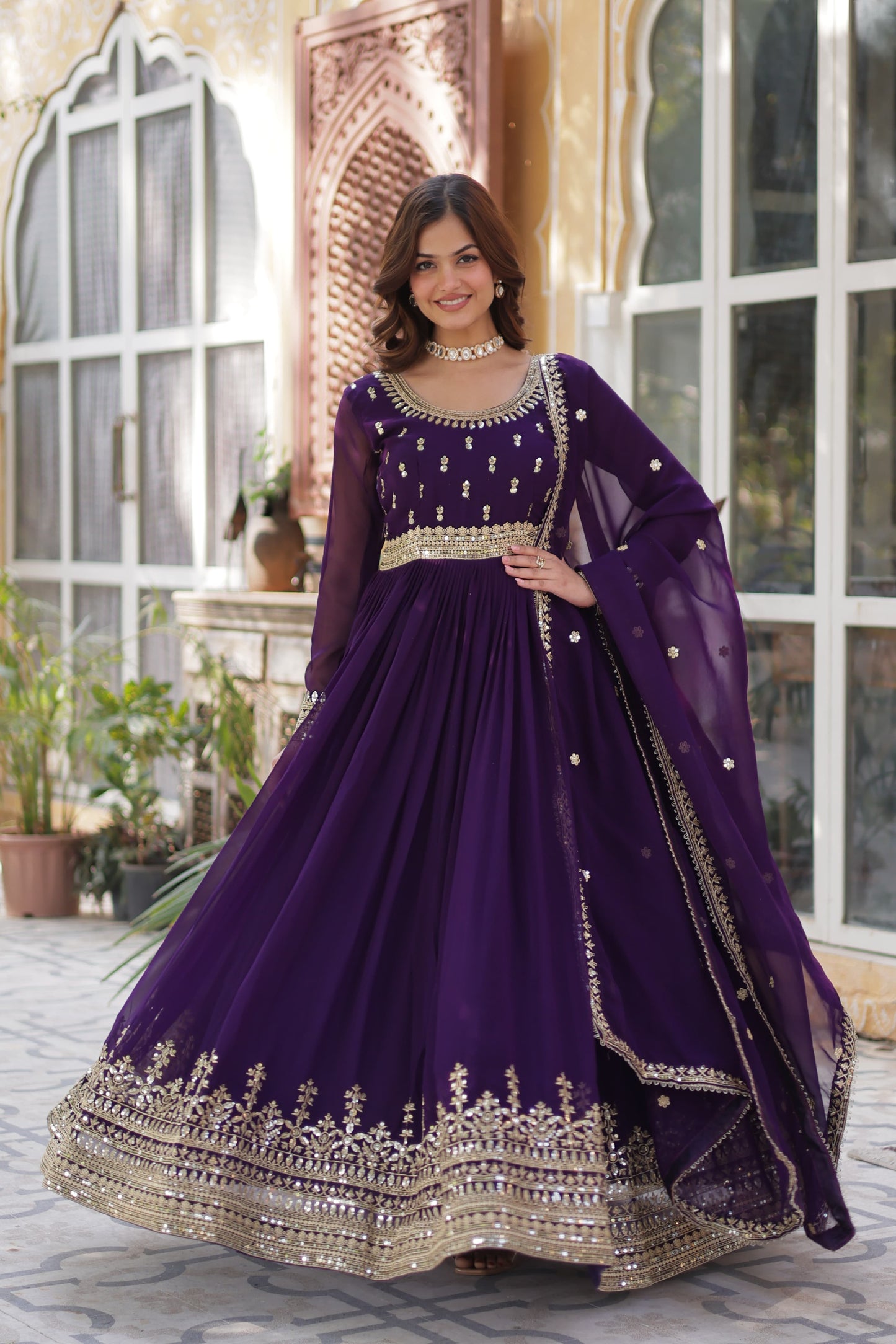 Maroon Faux Blooming with Embroidery Zari Sequins Work Gown With Dupatta